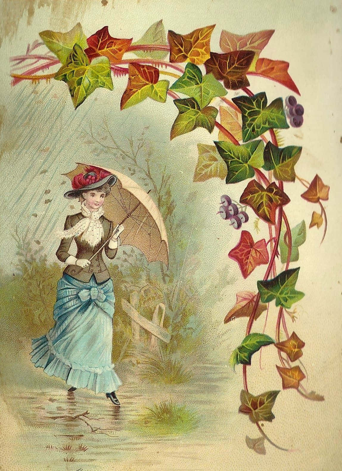 身穿復古連衣裙的女士在雨中場景中，在常春藤拱門下撐傘。
