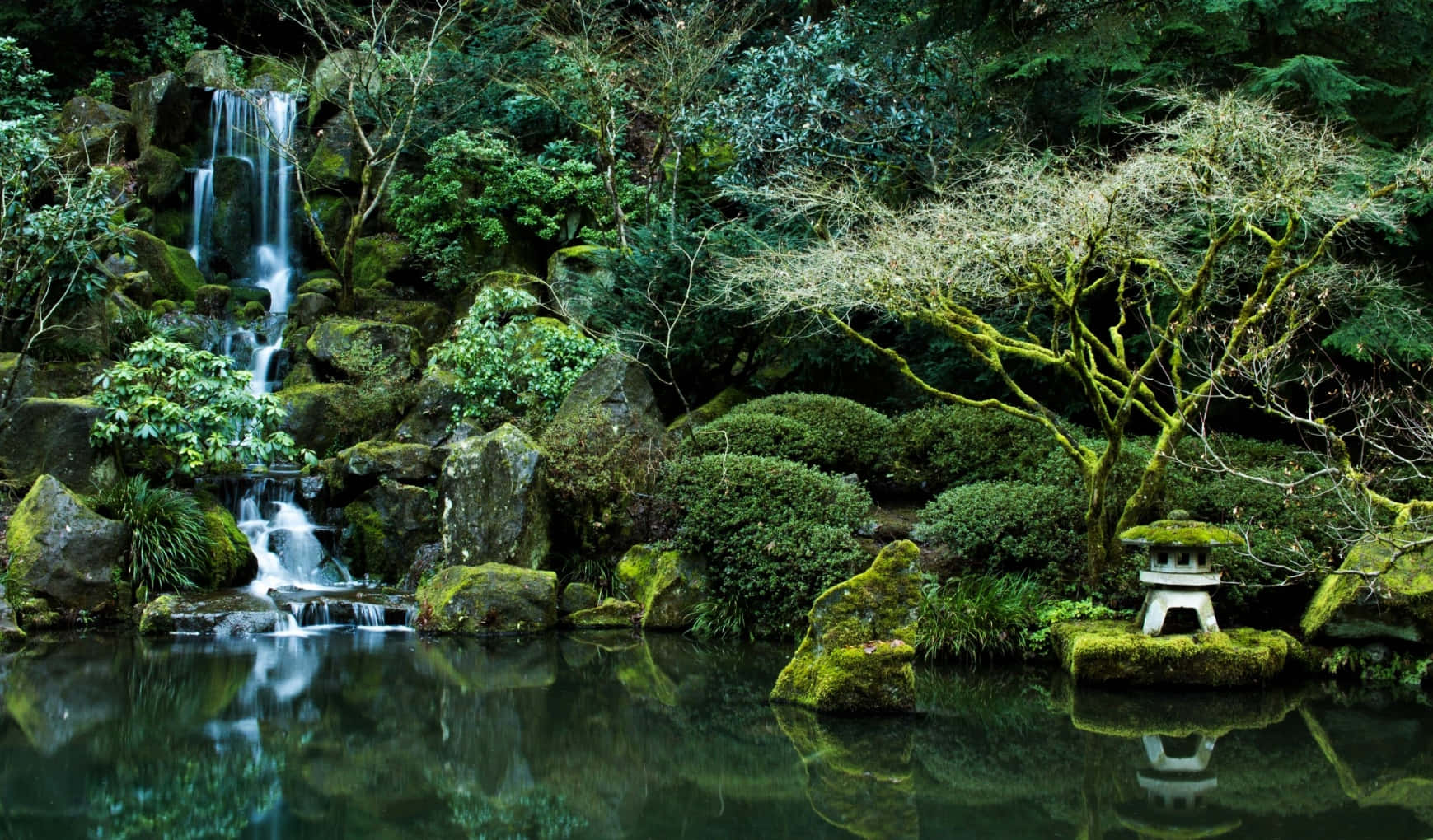 一個寧靜的日本庭園，有瀑布、長滿青苔的岩石和池塘中的石燈籠。