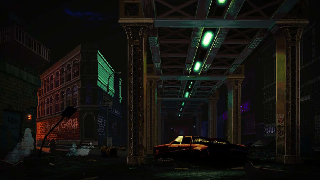 夜晚喺霓虹燈照亮嘅城市小巷橋下嘅一架被遺棄嘅汽車。