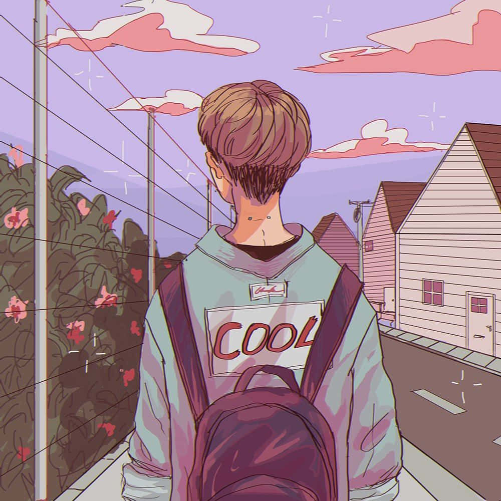 漫步都市的動漫美少年 壁紙 — 一個年輕的動漫男孩穿著『COOL』連帽衫，在粉紫色天空和粉紅雲朵下的郊區街道上行走。