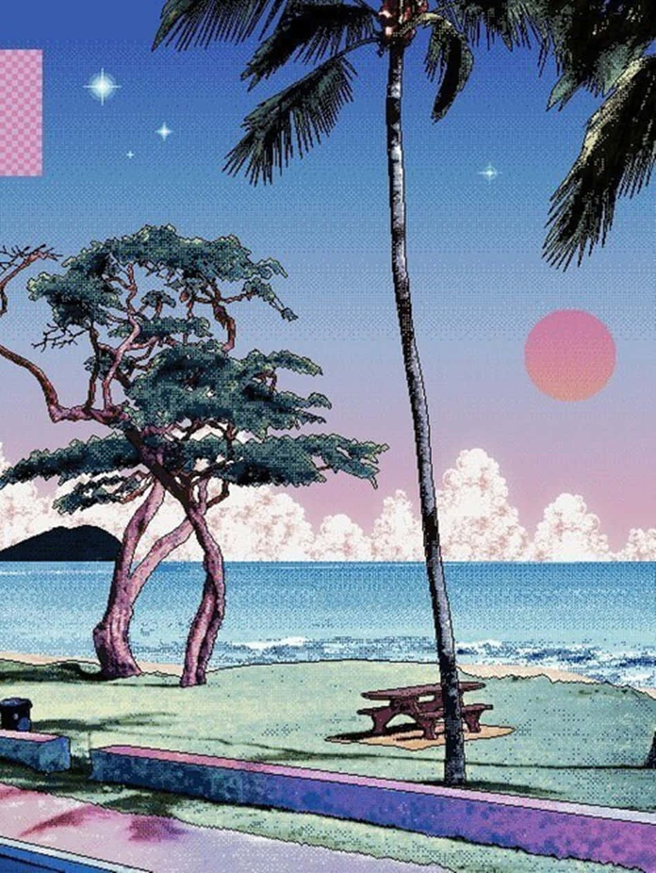 海灘上有棕櫚樹和野餐桌，在黃昏的天空下，有粉紅色的太陽和星星。