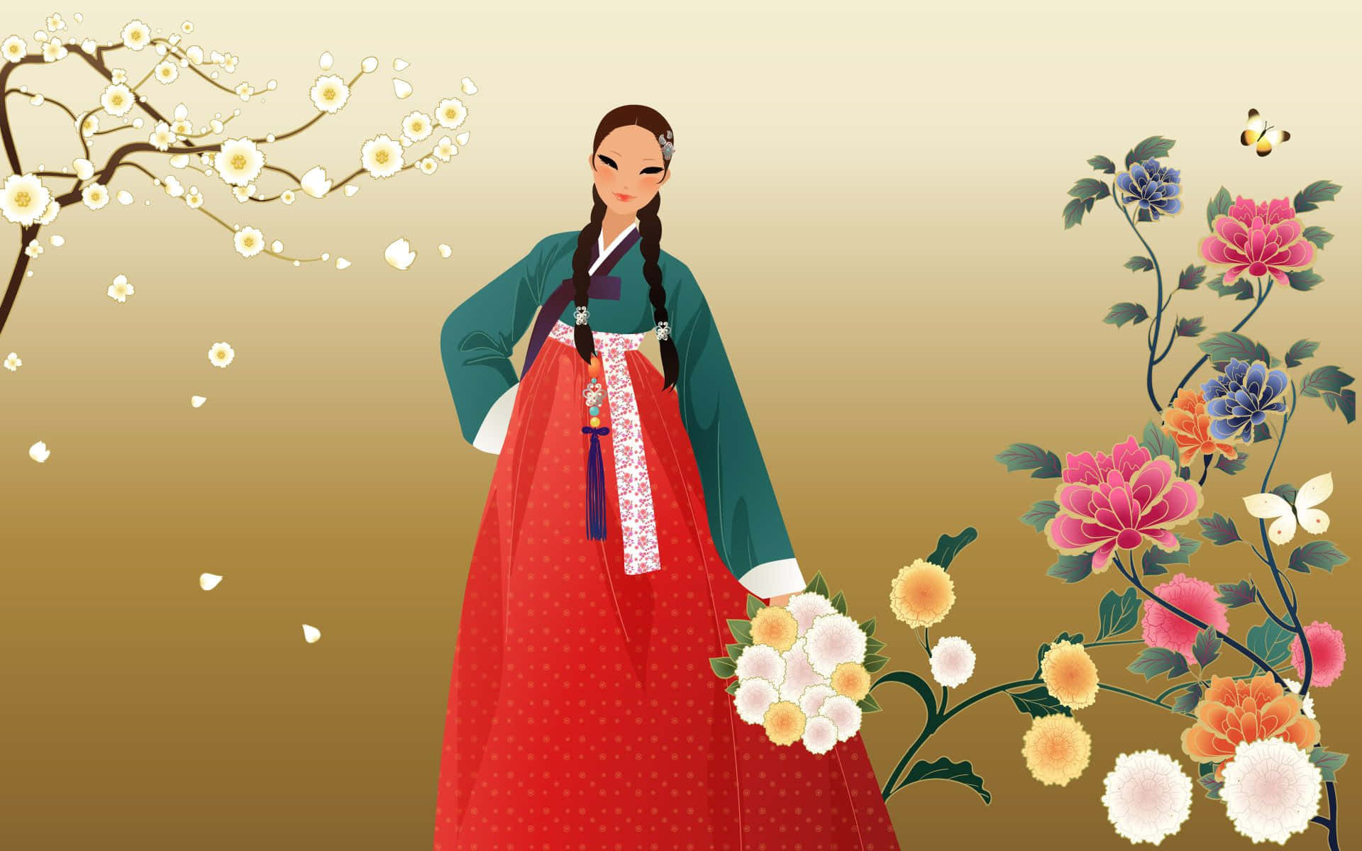 漫步首爾的天壇 壁紙 — 一位穿著傳統韓國韓服的女士，在溫暖的金色天空下，優雅地站在盛開的花朵和花枝之間。