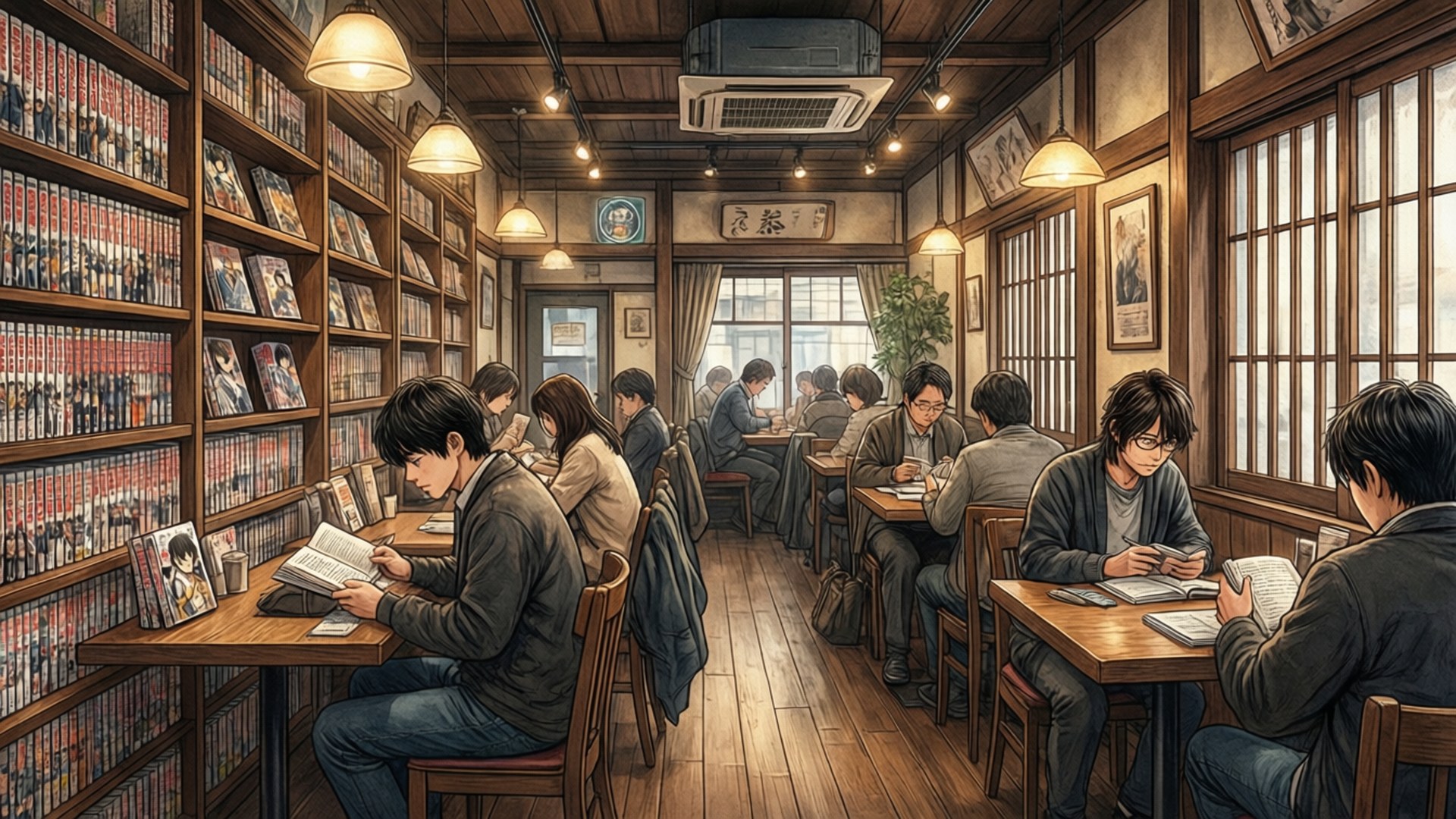 人們在舒適的木書店裡閱讀漫畫，店內有溫暖的燈光。
