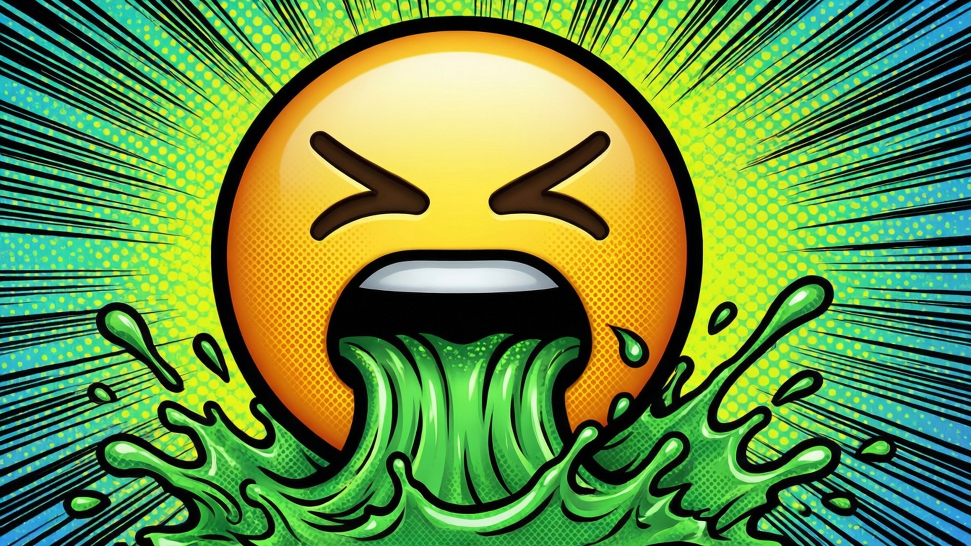 漫畫嘔吐表情符號 壁紙 — 一個憤怒表情的卡通表情符號，在帶有放射線的鮮豔漫畫背景前噴出綠色黏液。