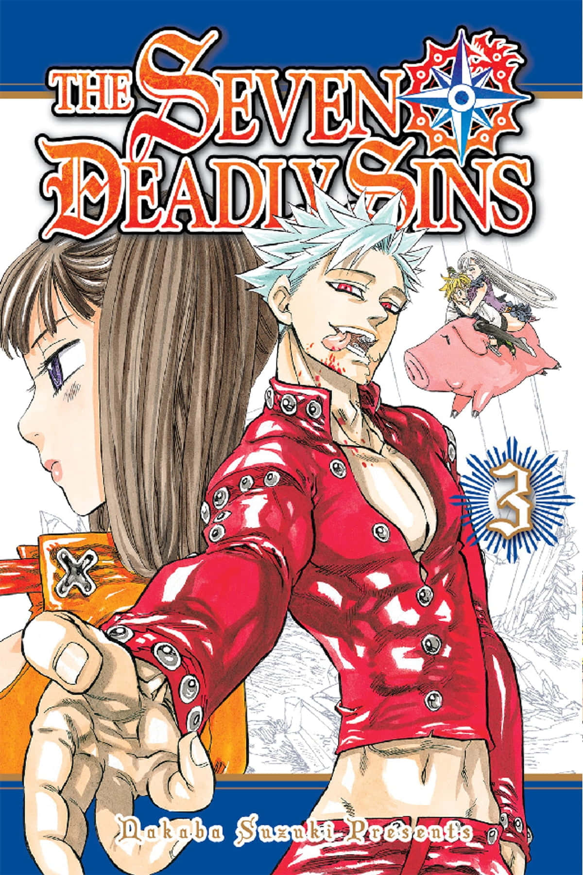 The Seven Deadly Sins 桌布 壁紙 — 漫畫封面，一名銀髮男子身穿紅色服裝，臉上帶血，伸手朝向一名棕髮女子，背景中有一隻豬載著騎手。