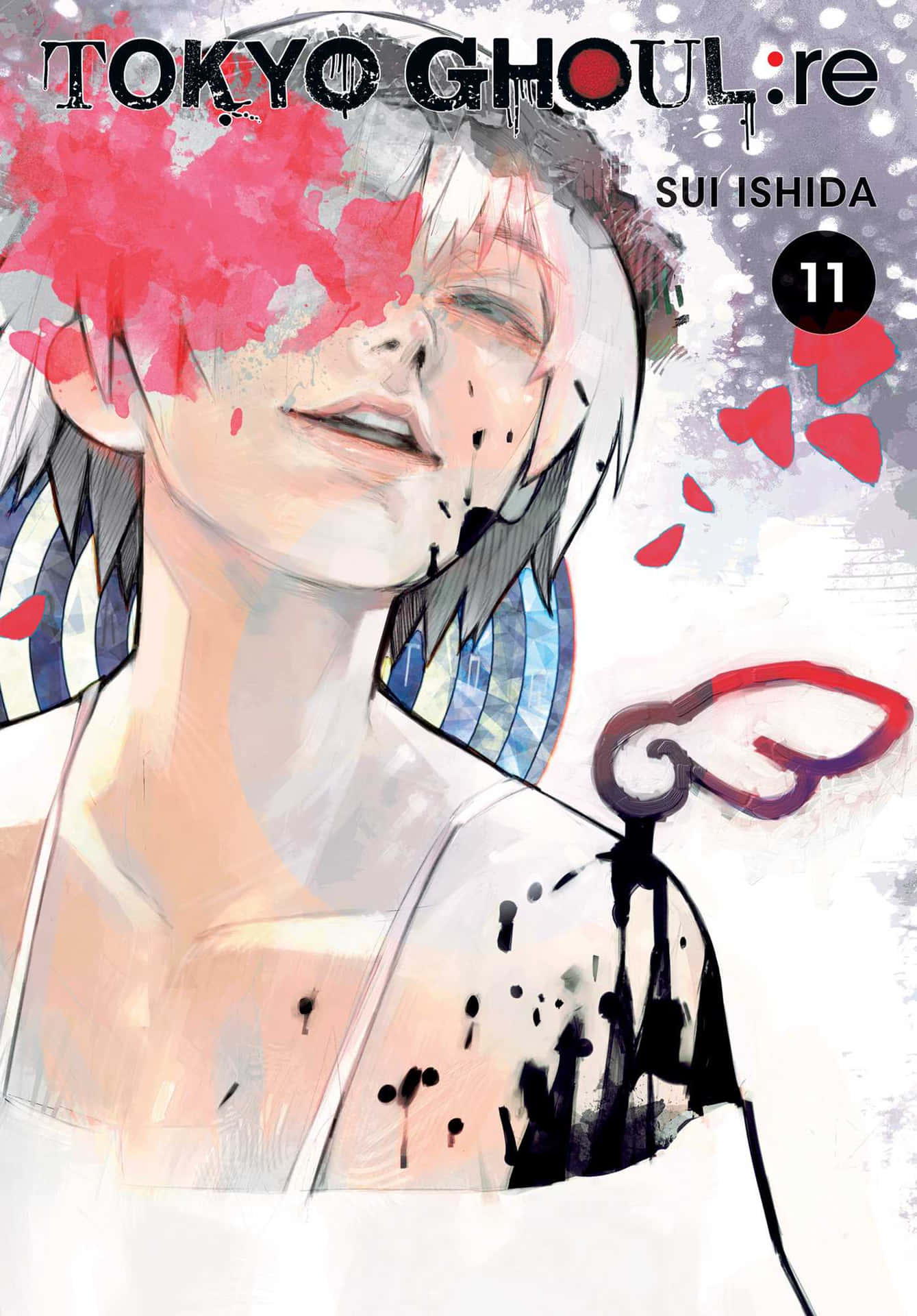 Sui Ishida 桌布 壁紙 — 漫畫封面，以紋理白色背景為襯托，描繪一個蒼白的動漫角色，帶有紅色飛濺和一把帶翼鑰匙。