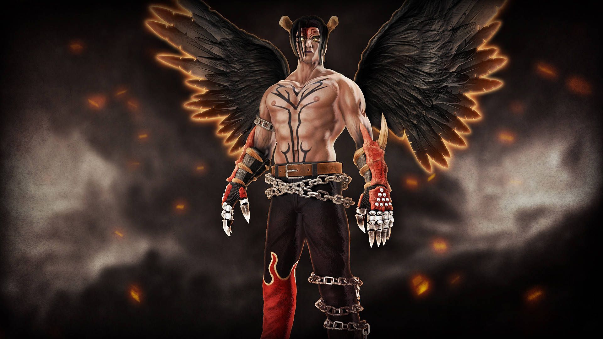 漫畫惡魔金·卡薩馬粉絲藝術 壁紙 — 一個肌肉發達的惡魔形象，擁有黑色翅膀和發光的橙色邊緣，站在煙霧瀰漫的黑暗背景中，周圍有漂浮的火星。