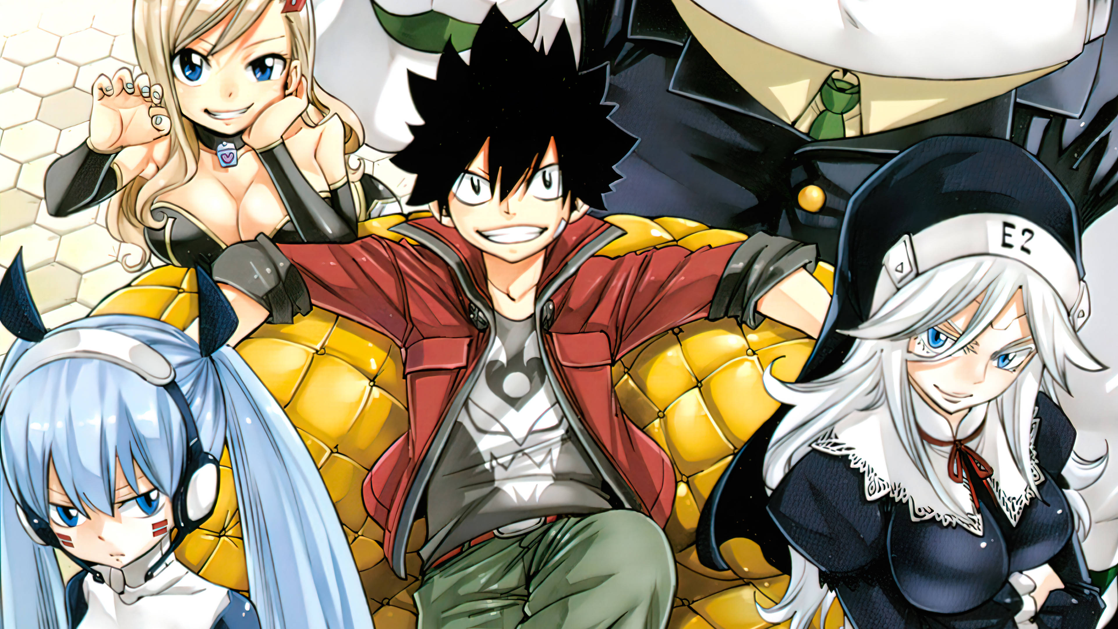 漫畫改編動畫《Edens Zero》 壁紙 — 四個擁有獨特髮型和服裝的動漫角色，在充滿活力的漫畫風格插圖中自信地坐在黃色沙發上擺姿勢。