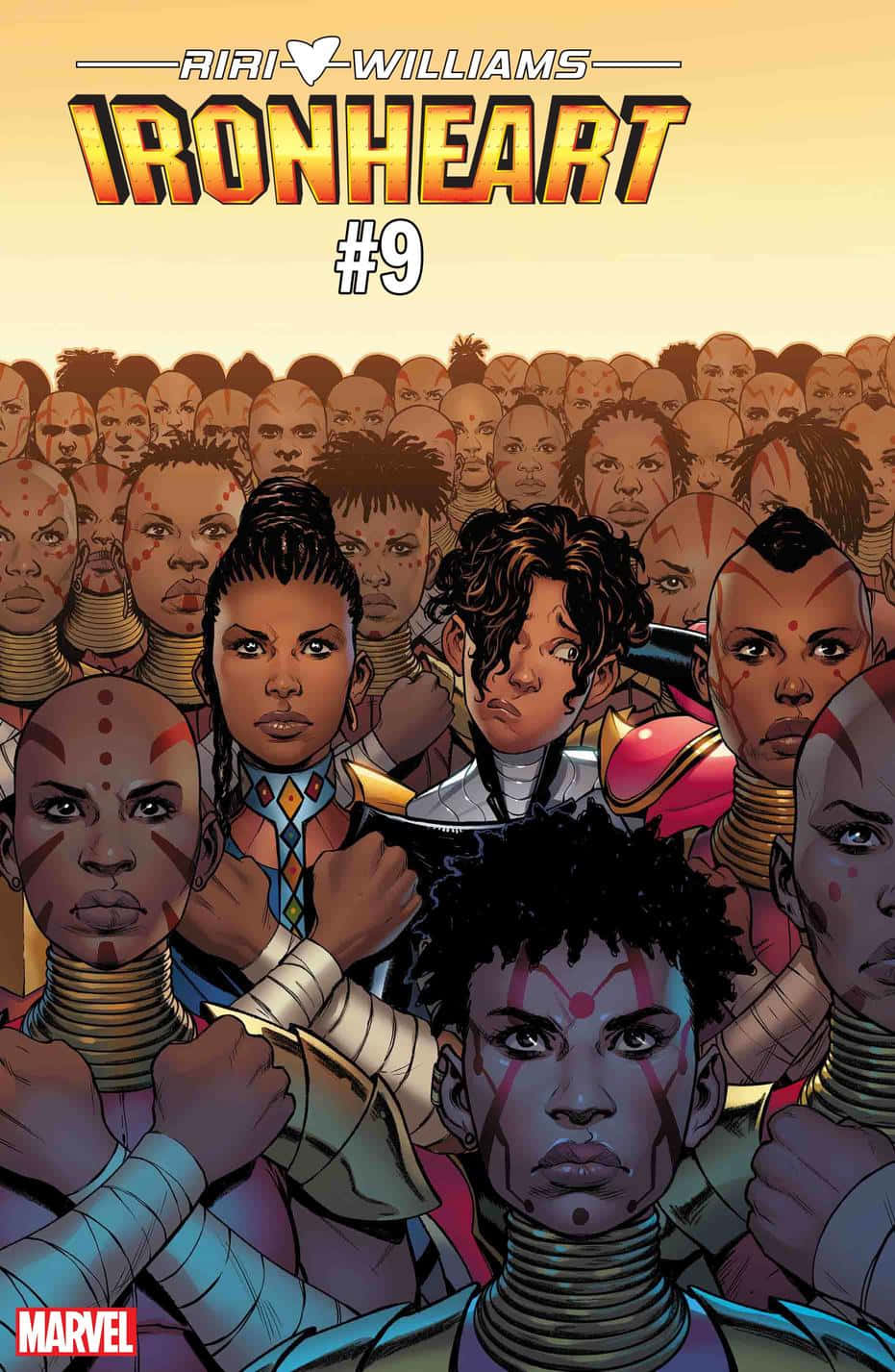 Ironheart 桌布 壁紙 — 漫畫書封面， featuring Riri Williams 飾演 Ironheart，被一群堅定而多元的面孔以大膽的圖形風格包圍。