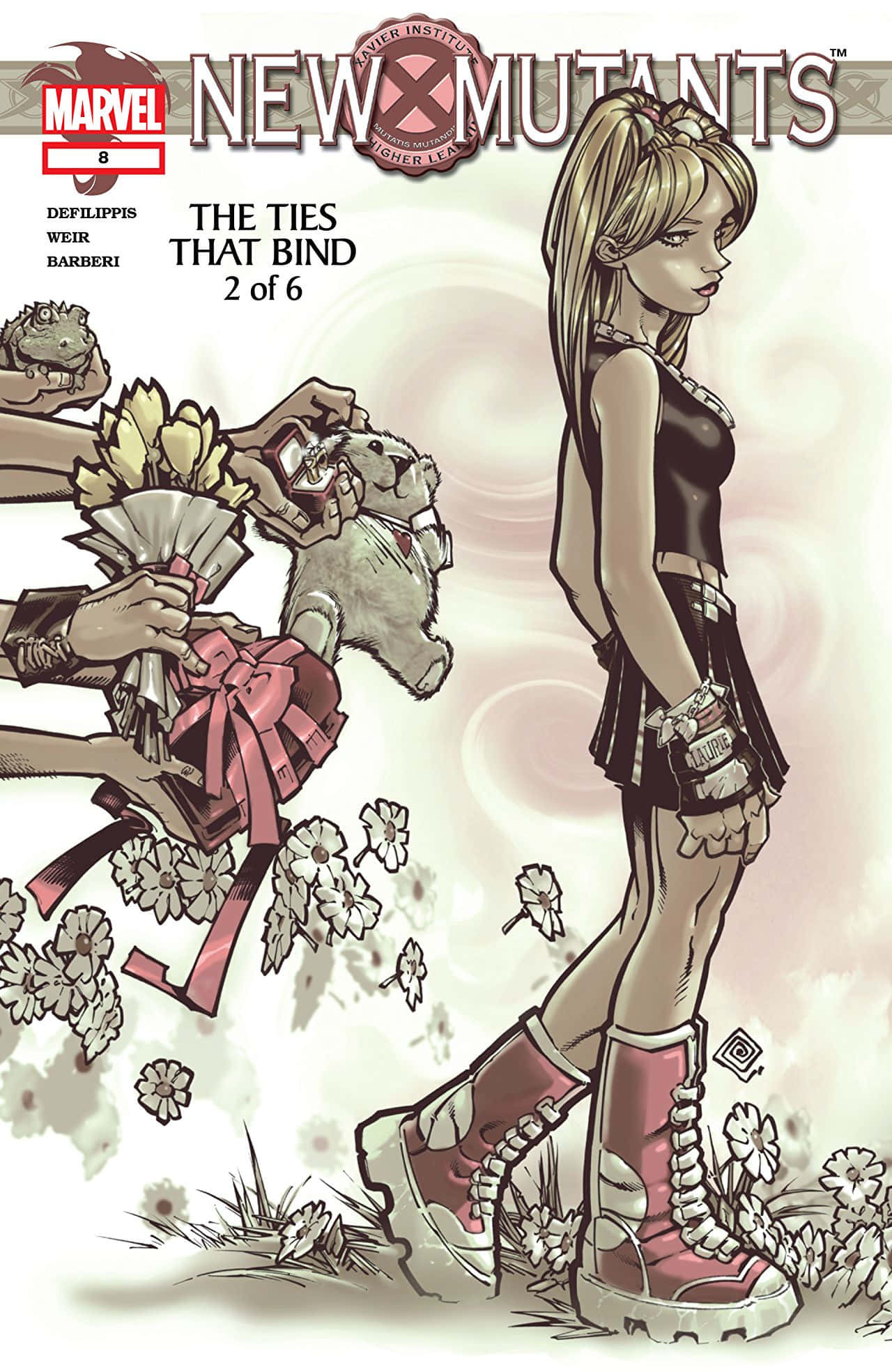 Mutants 桌布 壁紙 — 漫畫書封面，一名穿著黑色和紅色靴子的年輕女子站在漂浮的花朵和來自看不見的手的禮物旁邊。