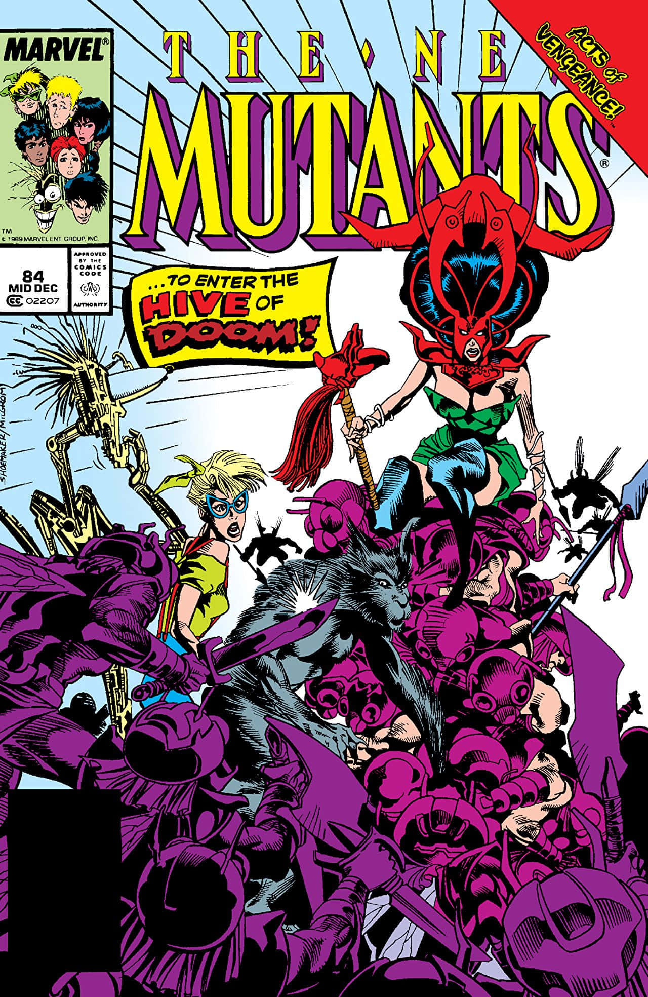 Mutants 桌布 壁紙 — 漫畫書封面，描繪變種人與紅皮膚反派戰鬥，周圍是紫色盔甲的敵人，下方有粗體黃色標題文字。