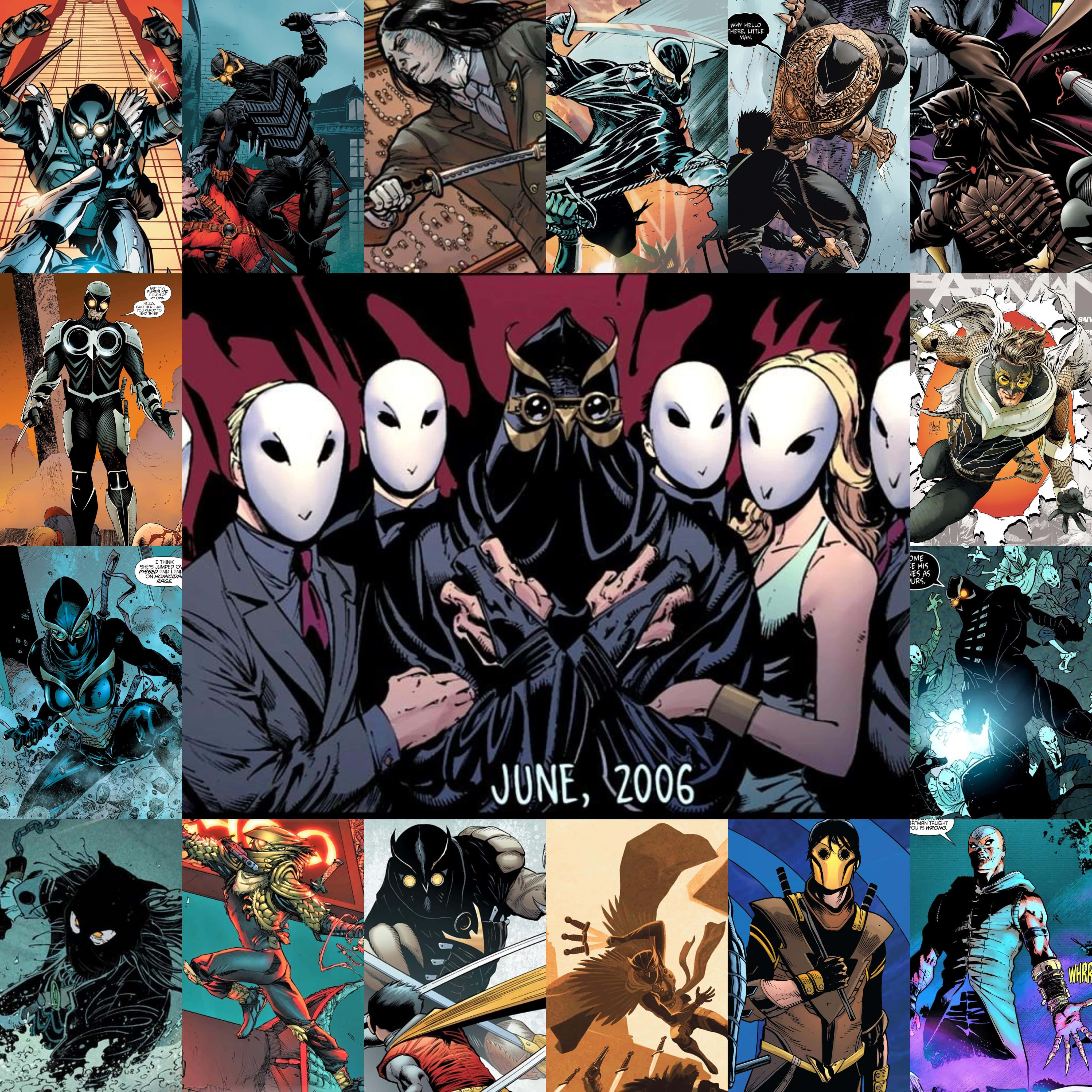 The Court Of Owls 桌布 壁紙 — 漫畫書拼貼畫，描繪蒙面義警和英雄在各種 gritty 城市場景中擺出動態動作姿勢。