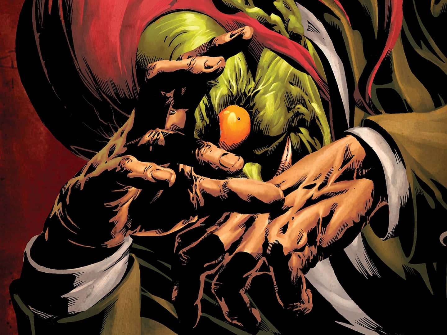 Norman Osborn 桌布 壁紙 — 漫畫書插圖顯示一個綠色皮膚的人物拿著一個橙色的水果，同時被多隻手擁抱。