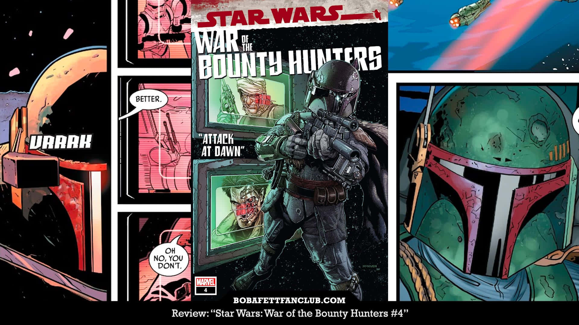 The War Of The Bounty Hunters 桌布 壁紙 — 漫畫書面板，描繪波巴·費特身穿盔甲手持爆能槍，周圍有太空和動作場景。