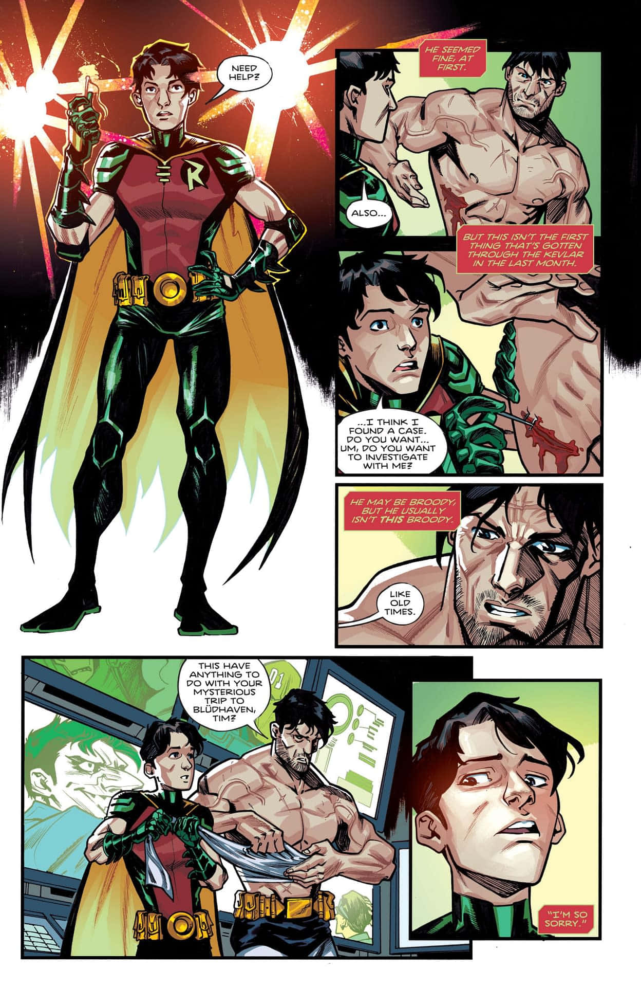 Tim Drake 桌布 壁紙 — 漫畫書面板，羅賓穿著紅綠服裝，英勇地站在火熱背景前，帶有對話氣泡。