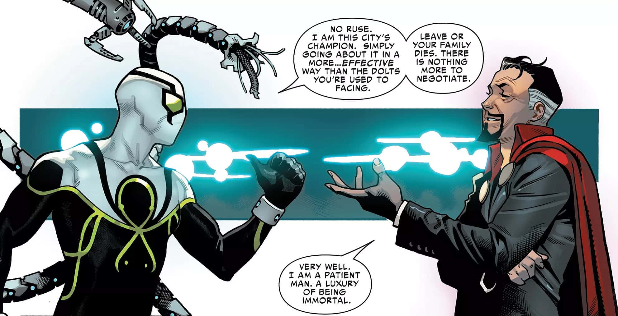 Spider-geddon 桌布 壁紙 — 漫畫書面板顯示一位身穿白色西裝的英雄，面對一個披著紅色斗篷、露出冷笑的男人，並帶有發光的藍色能量效果。