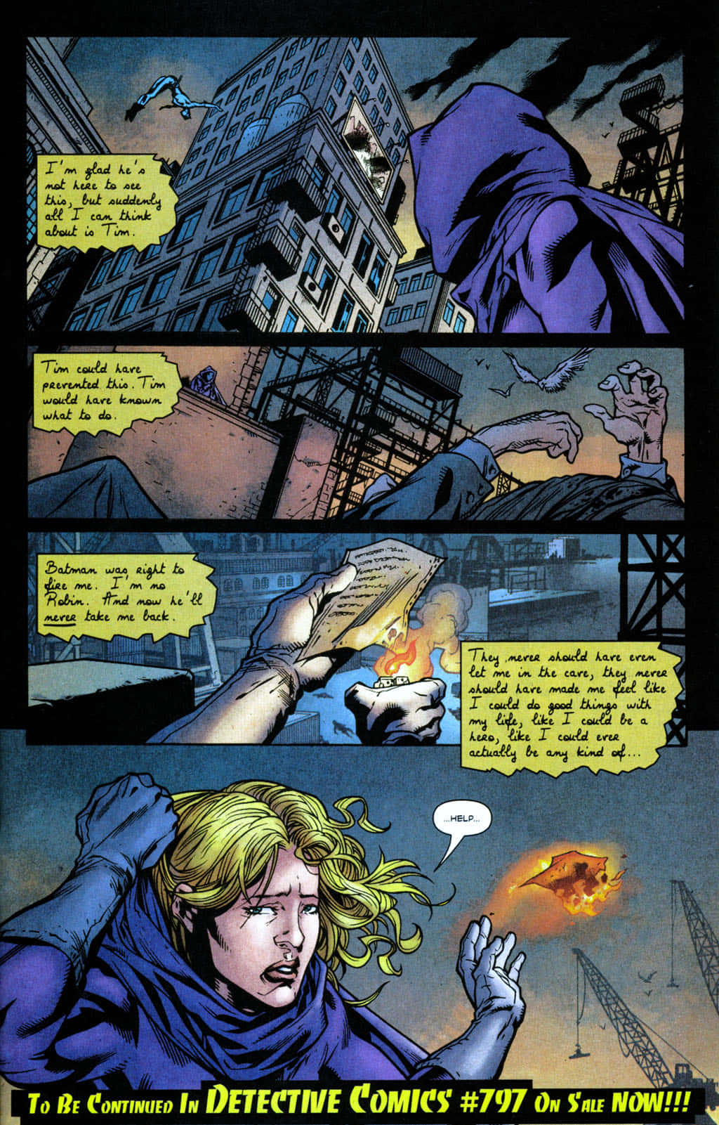 Batman War Games 桌布 壁紙 — 漫畫書面板顯示一名身穿紫色斗篷的 distressed 女子緊握著一封燃燒的信，而一個戴面具的人物在 gritty 的城市環境中從上方觀看。