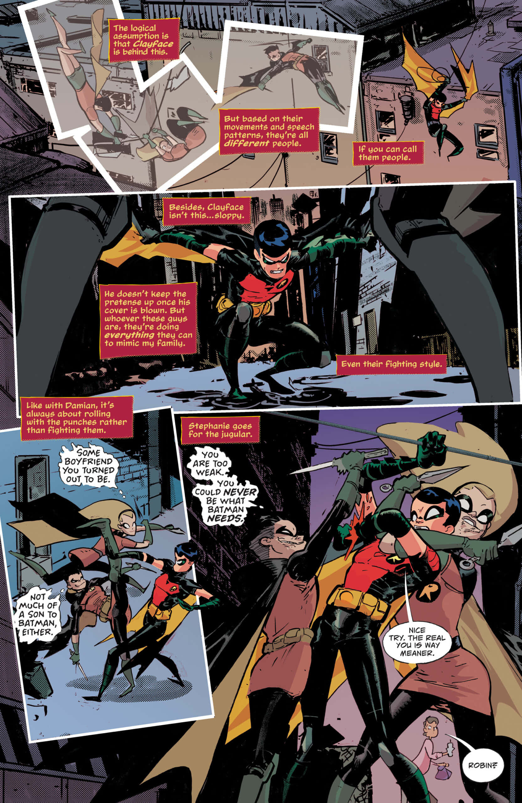 Tim Drake 桌布 壁紙 — 漫畫書面板顯示羅賓在行動中，帶有討論他身份和戰鬥風格的對話框。