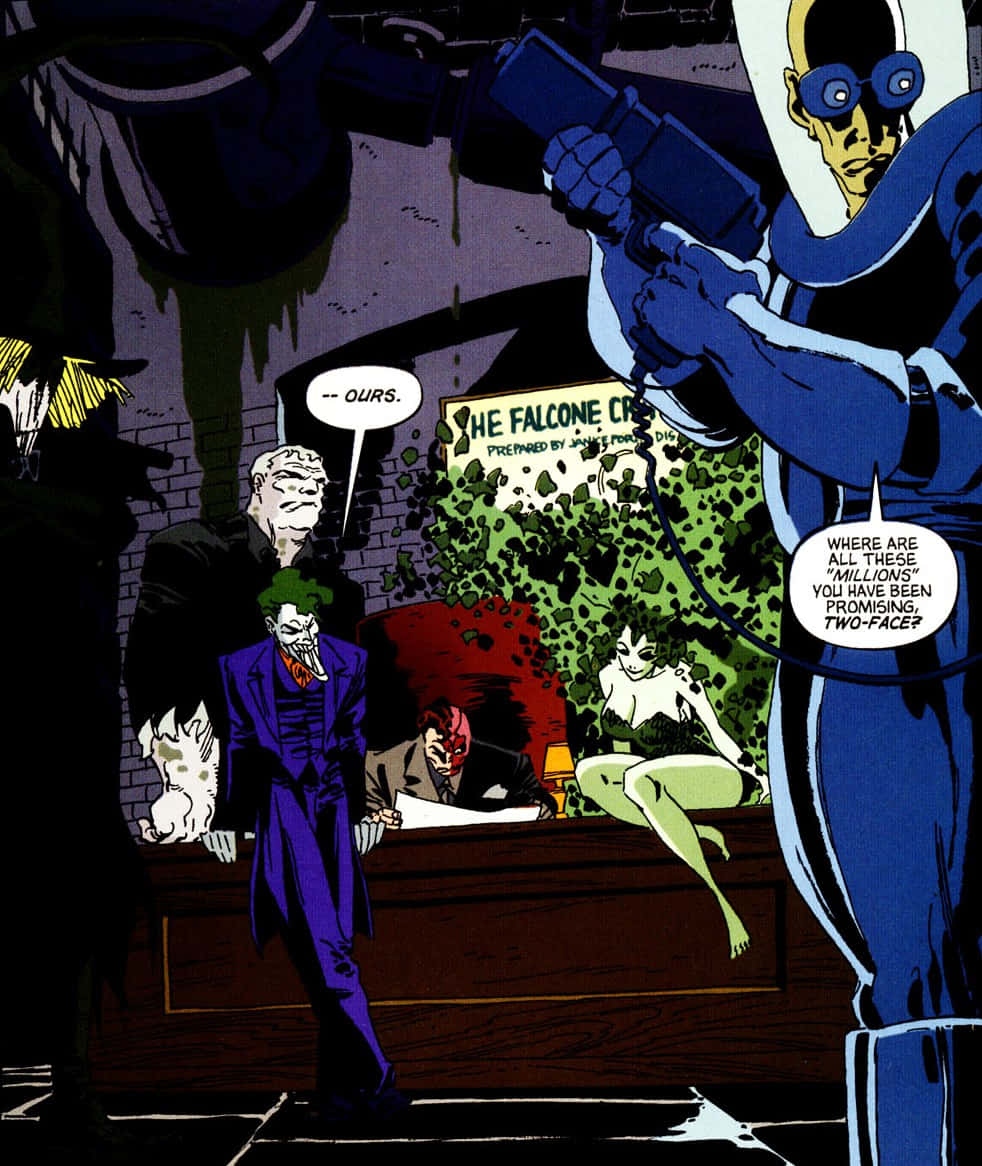 Batman Dark Victory 桌布 壁紙 — 漫畫書面板顯示蝙蝠俠反派包括小丑和雙面人在一個黑暗的房間裡，有一個破損的保險箱和一個女人在地板上。
