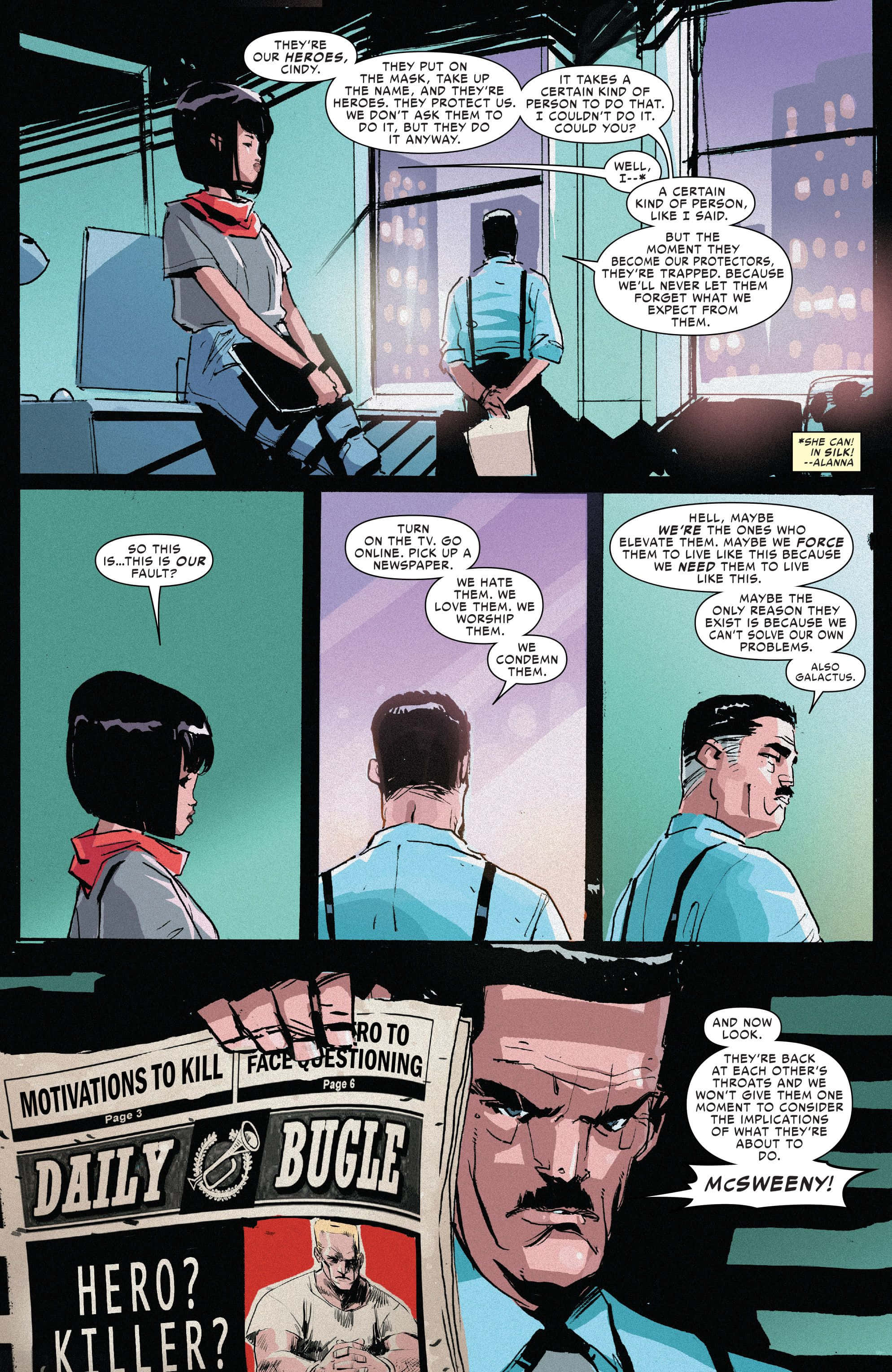 J Jonah Jameson 桌布 壁紙 — 漫畫書面板顯示角色在昏暗的房間裡討論英雄和反派，並有關於殺手的新聞標題。