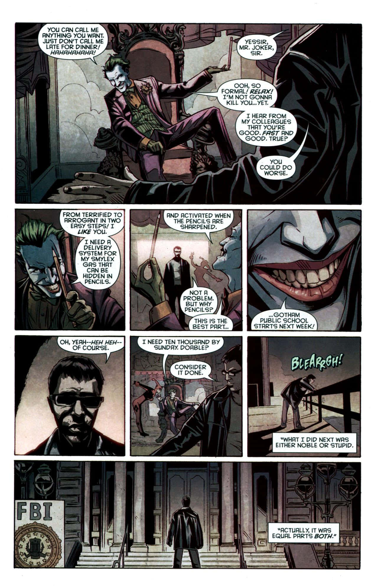 Batman Streets Of Gotham 桌布 壁紙 — 漫畫格描繪小丑威脅性地大笑、蝙蝠俠對抗反派，以及一名戴太陽眼鏡的男子在FBI大樓前。
