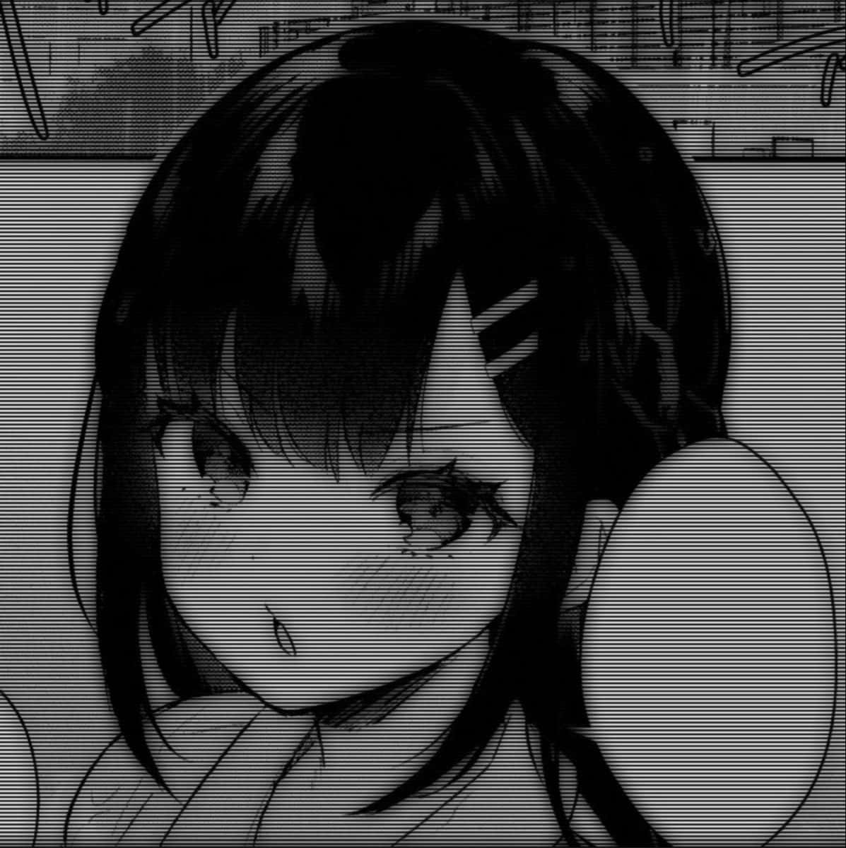 淚眼汪汪的動畫女孩透過像素化屏幕觀看。