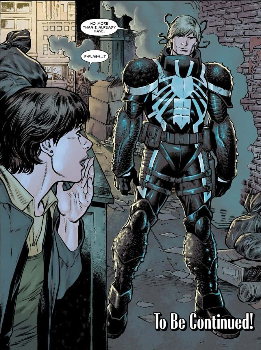Flash Thompson 桌布 壁紙 — 漫畫格顯示一名震驚的女子在廢墟城市小巷中凝視著高聳的裝甲超級英雄。