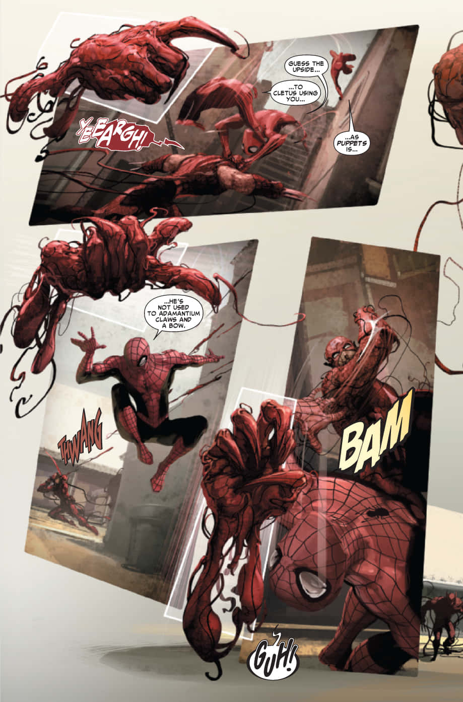 Carnage USA 桌布 壁紙 — 漫畫格顯示蜘蛛俠與紅色共生體生物戰鬥，伴有爆炸性動作和音效。