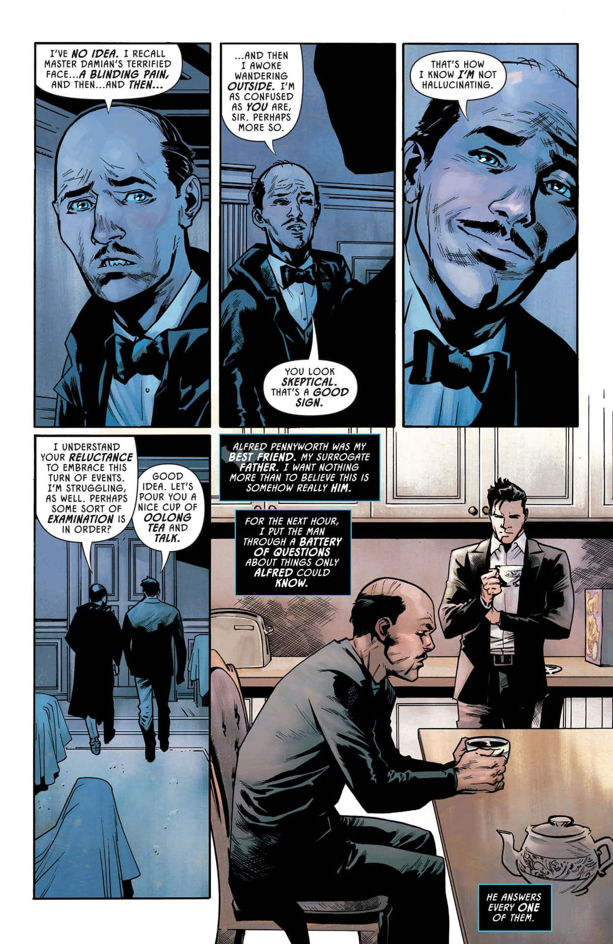 Alfred Pennyworth 桌布 壁紙 — 漫畫格顯示阿爾弗雷德·潘尼沃斯在昏暗的房間裡倒茶時質疑布魯斯·韋恩的精神狀態。