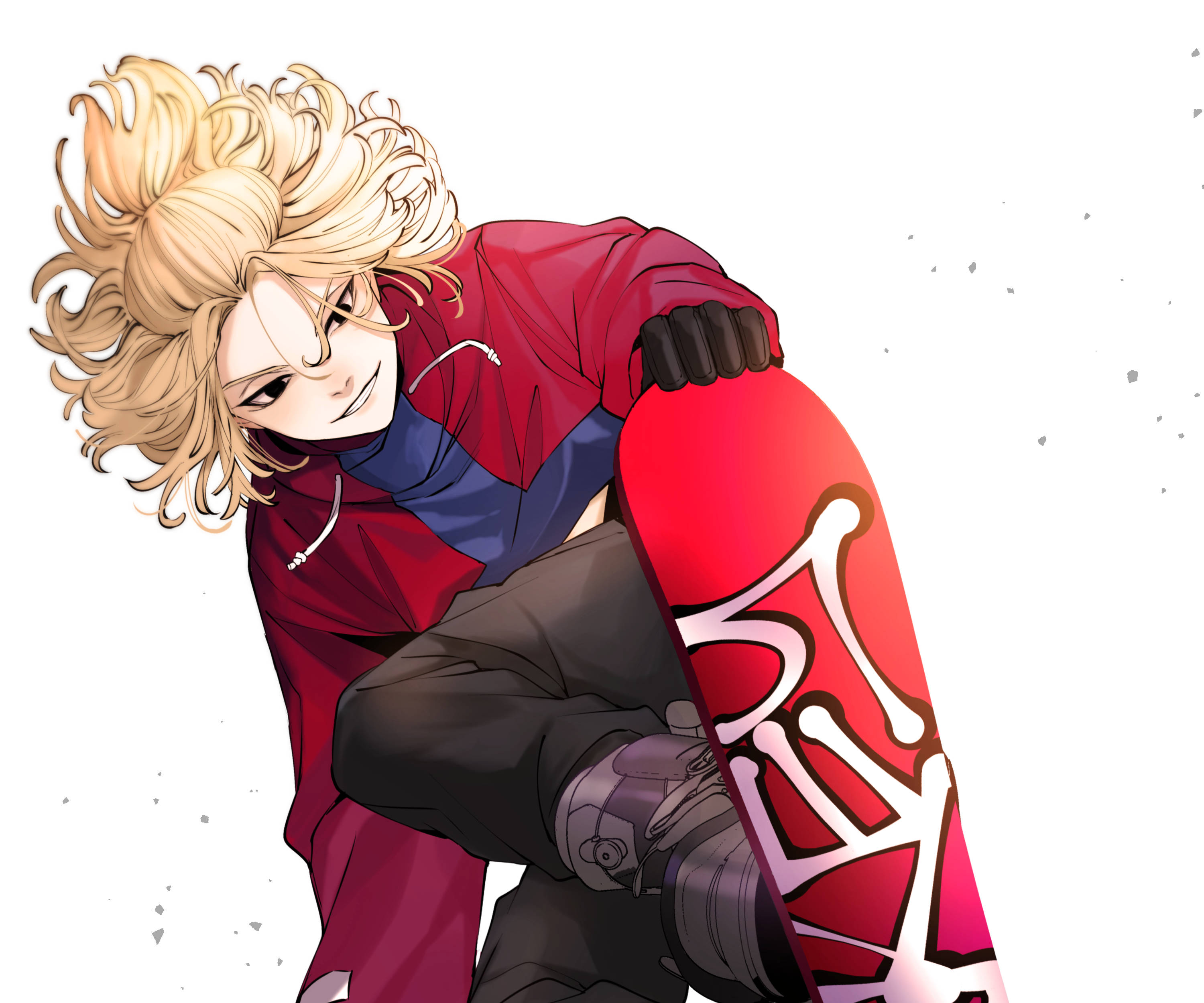 漫畫版Mikey《東京卍復仇者》 壁紙 — 一個金髮動漫角色穿著紅色外套，自信地靠著，手持一個帶有白色塗鴉的紅色滑板，背景為白色。