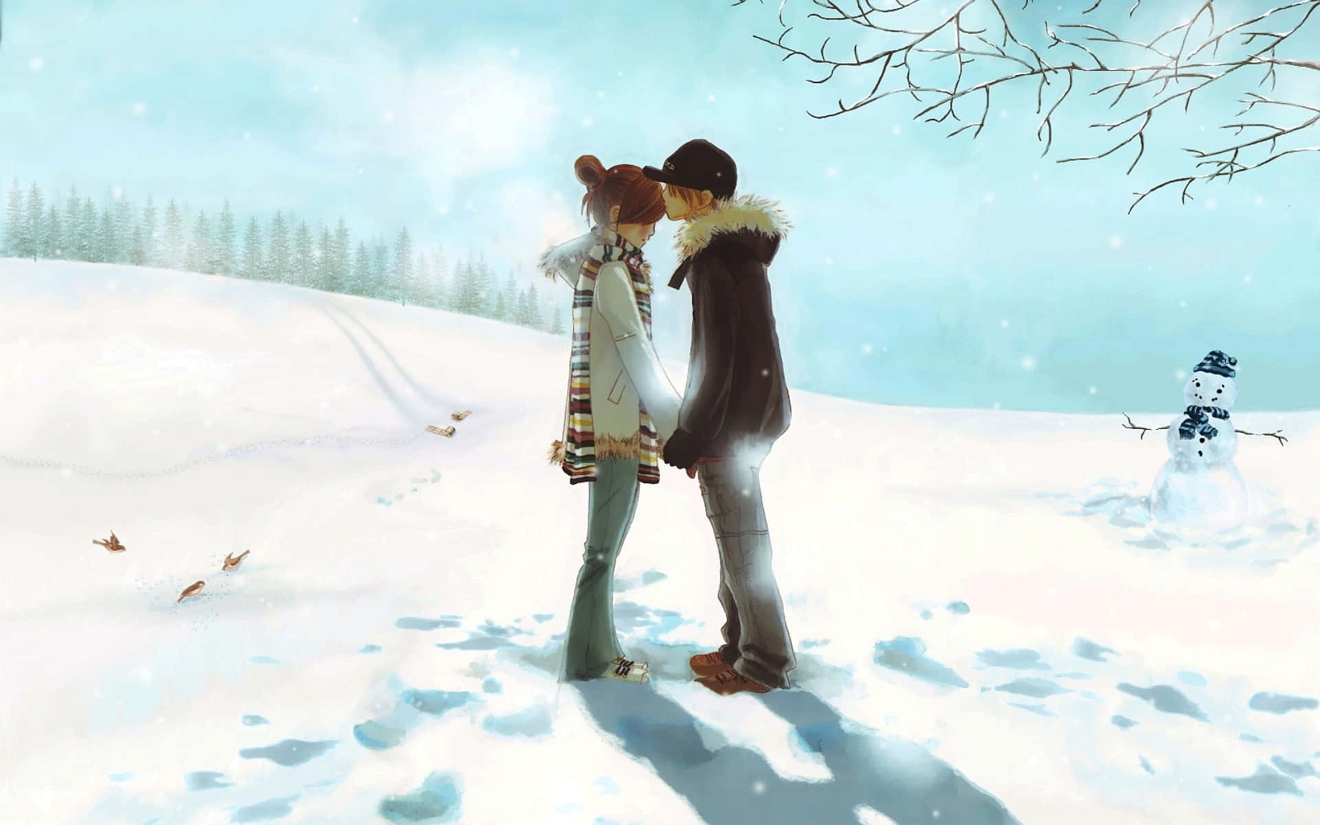 一對情侶在雪白的田野中親吻，旁邊有雪人和光禿禿的樹木。