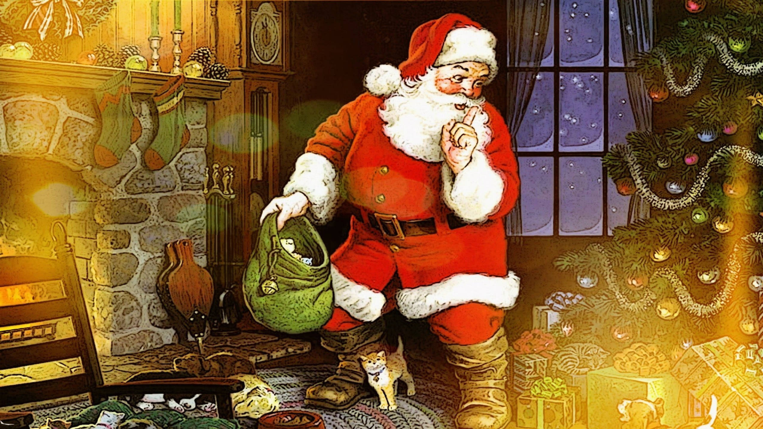 漫畫聖誕老人靜默手勢 壁紙 — 聖誕老人在舒適的壁爐房間裡，在雪夜天空下，拿著一袋玩具靠近裝飾好的聖誕樹。