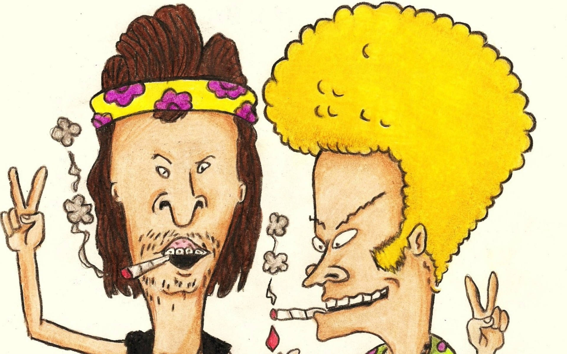 兩個插圖男人，留著爆炸頭和頭帶，抽煙並比出和平手勢。