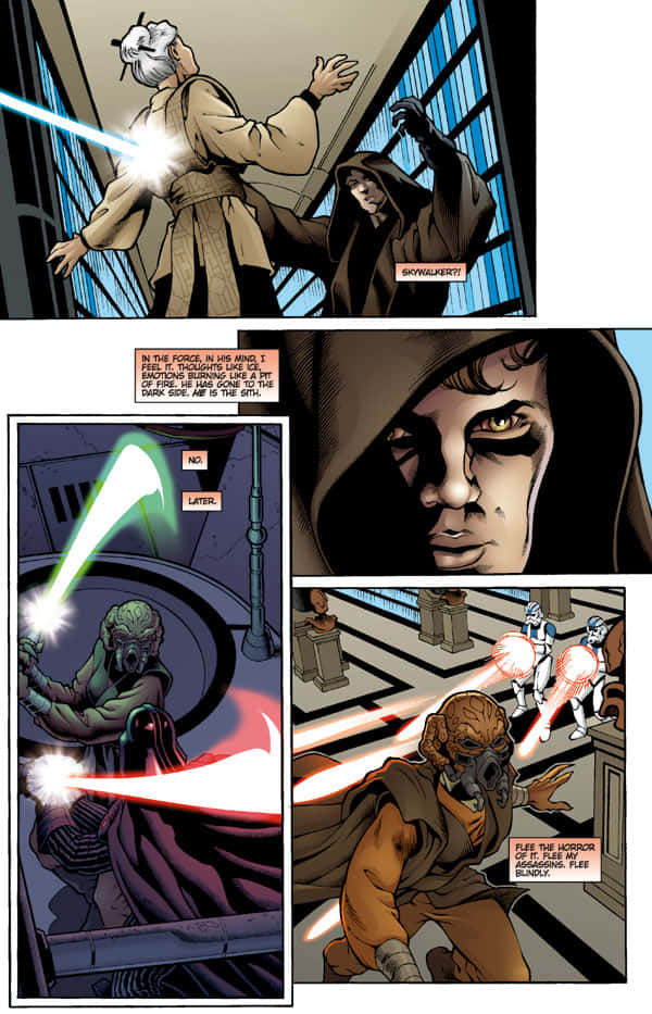 The Great Jedi Purge 桌布 壁紙 — 漫畫面板描繪了絕地武士和西斯在戲劇性的室內環境中用光劍決鬥，表情激烈，劍刃發光。