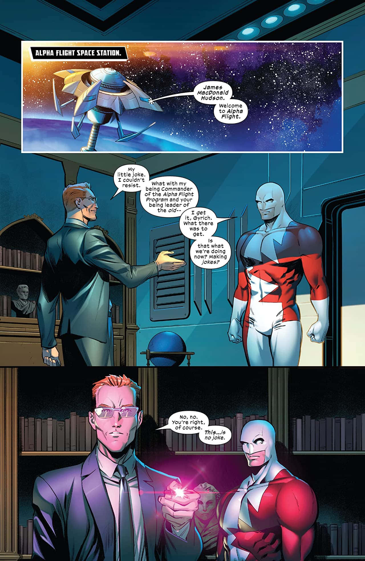 Alpha Flight 桌布 壁紙 — 漫畫面板顯示兩名男子在太空站內，窗外有星空景色和太空船。