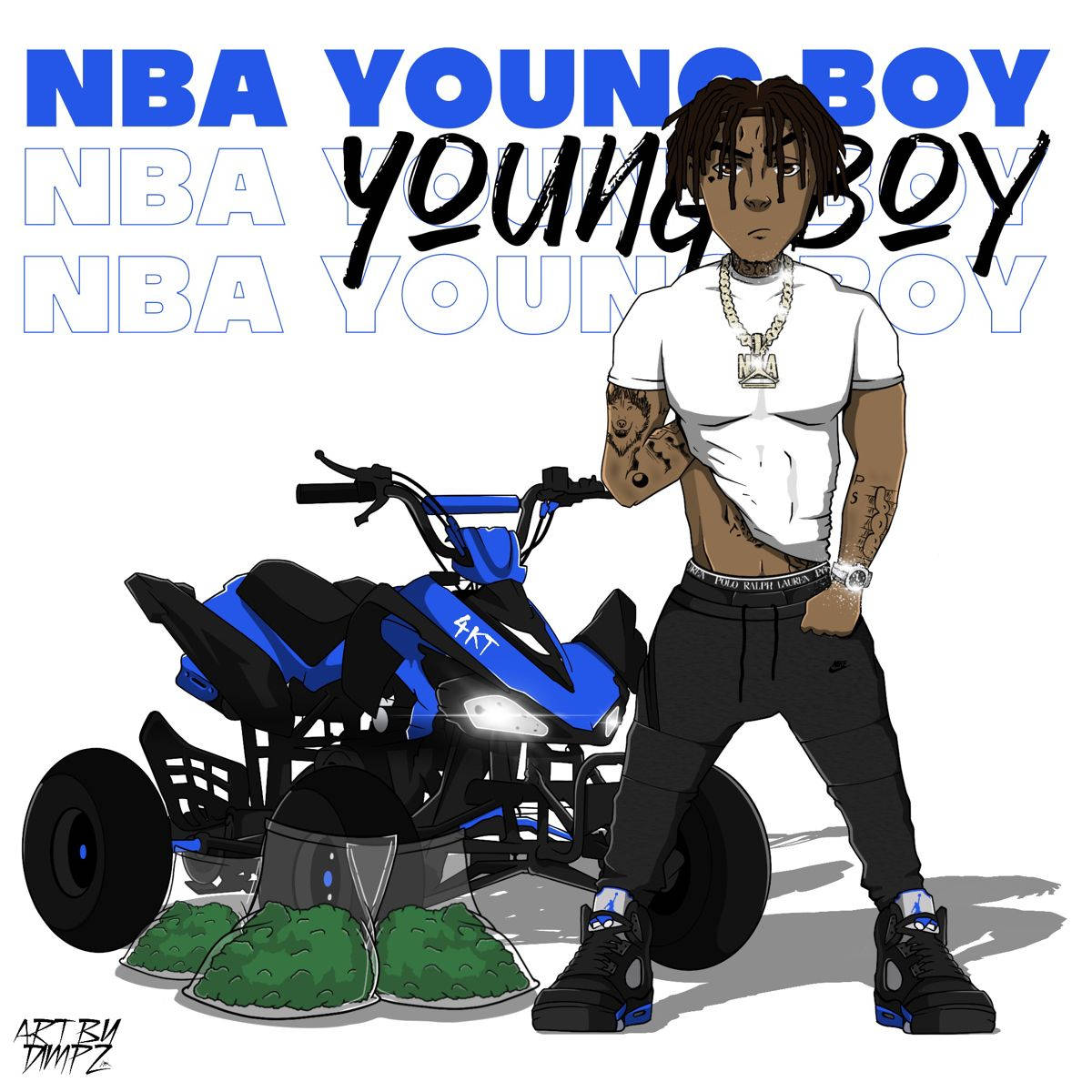 NBA Young Boy 穿著街頭服飾和金色鏈條，與藍色ATV合影。