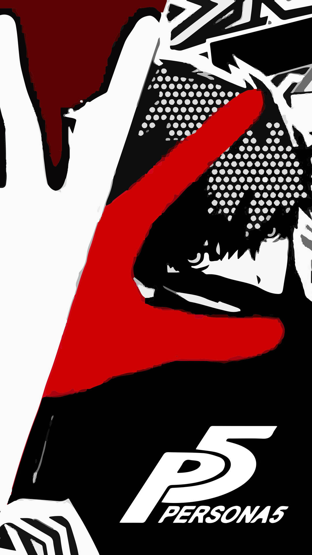 來自 Persona 5 的動漫角色做出手勢，採用大膽的紅黑白色設計。