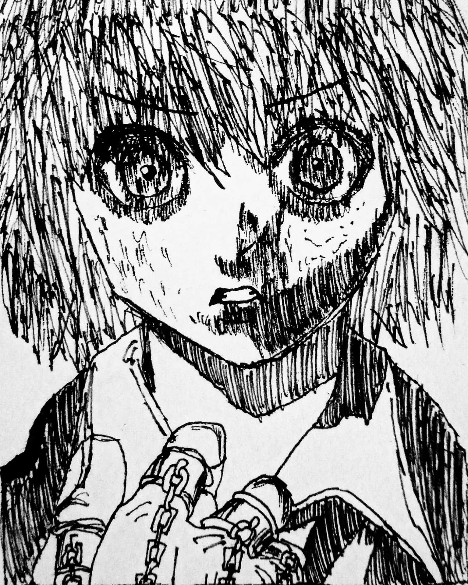 一個驚恐的動漫女孩，頭髮狂野，帶著鎖鏈，以素描風格呈現。