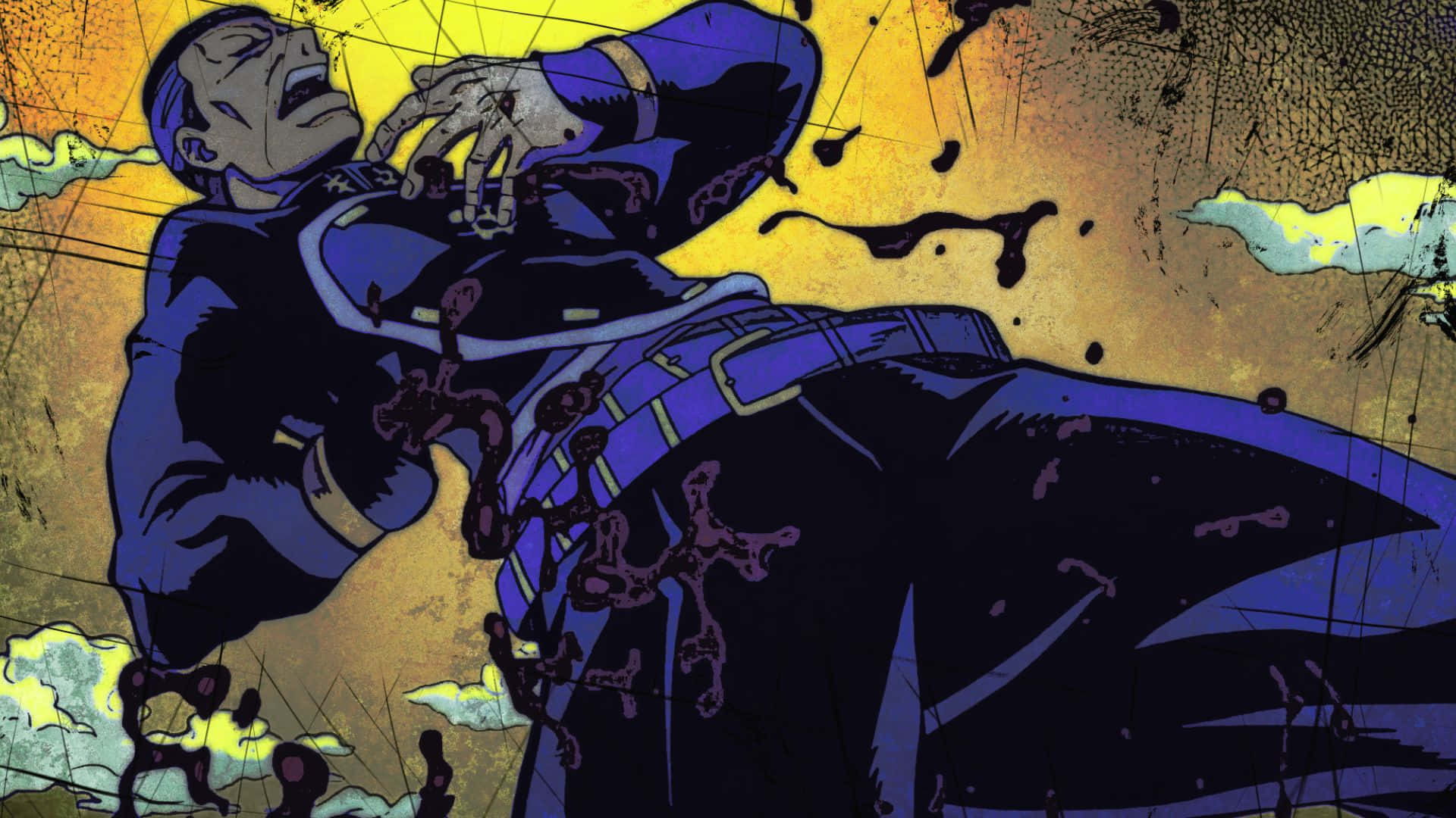 Okuyasu Nijimura 桌布 壁紙 — 漫畫風格的插圖，一個穿藍色西裝的男人在尖叫，同時怪誕的紫色觸手從他的身體噴出，背景是破裂的黃色。