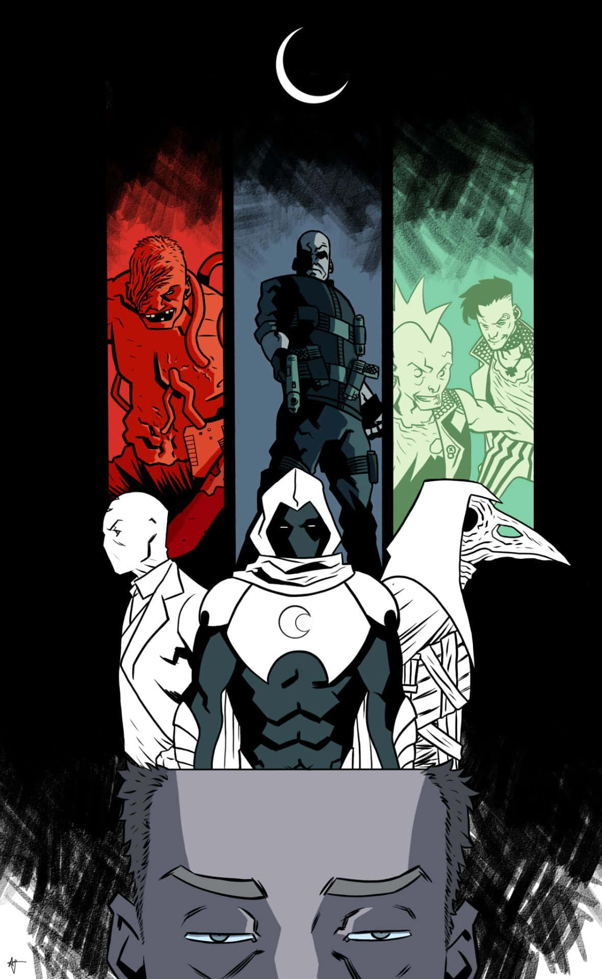 Moon Knight 桌布 壁紙 — 漫畫風格的插圖，中央戴面具的英雄被三個不同的反派夾在彎月下。