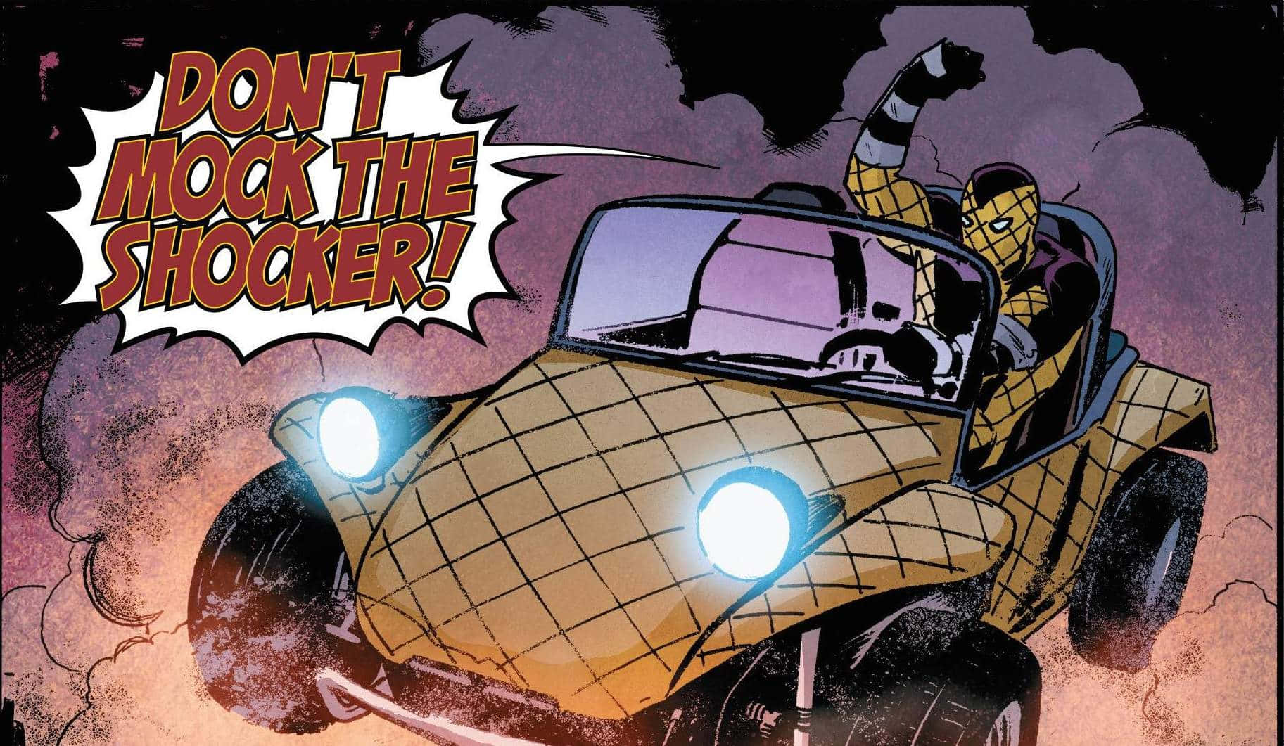 The Shocker 桌布 壁紙 — 漫畫風格的插圖，描繪Shocker駕駛他那輛黃色格紋圖案、車頭燈發光的汽車，在煙霧瀰漫的紫色天空中疾馳。