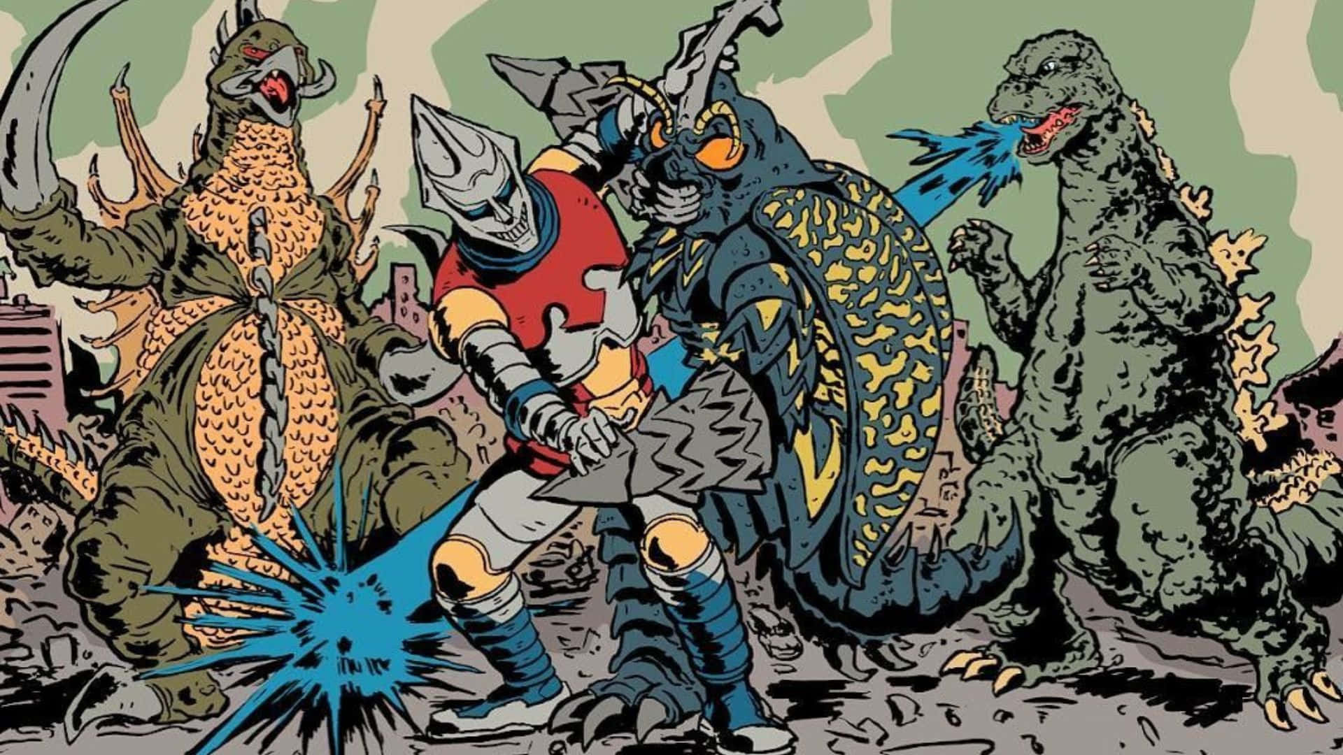 Godzilla Vs Megalon 桌布 壁紙 — 漫畫風格的插圖，描繪哥斯拉與另外三隻怪獸在廢墟城市中戰鬥。