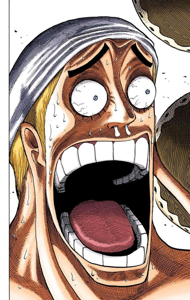 One Piece Enel 桌布 壁紙 — 漫畫風格的特寫，一個男人睜大眼睛、汗水飛濺、露出牙齒，處於極度震驚或恐懼中尖叫。