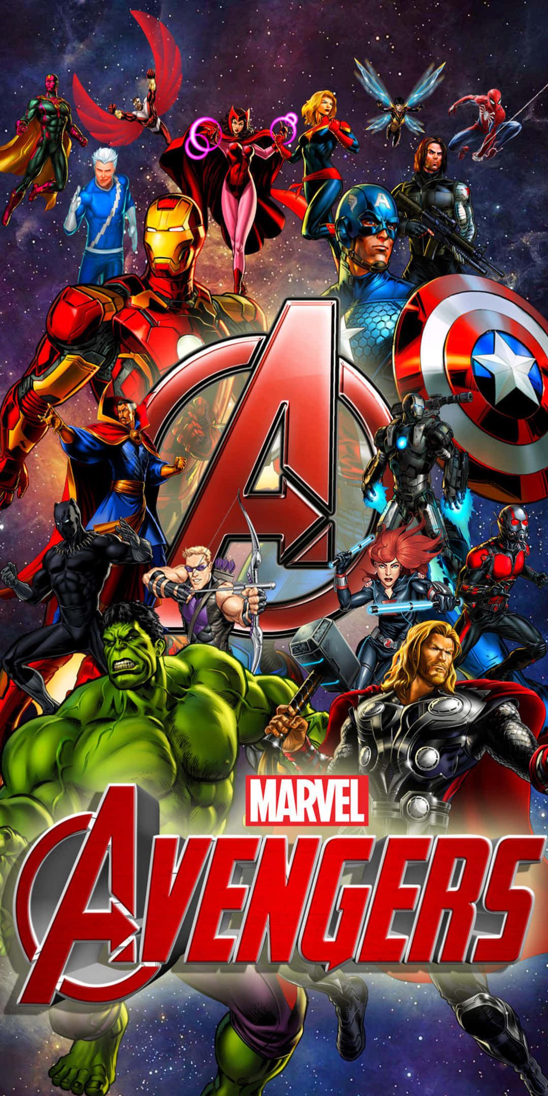 漫畫風格英雄像素3《復仇者聯盟》壁紙 壁紙 — Marvel 復仇者聯盟的超級英雄以動感姿勢站在宇宙星空背景前，並帶有標誌性的團隊標誌。