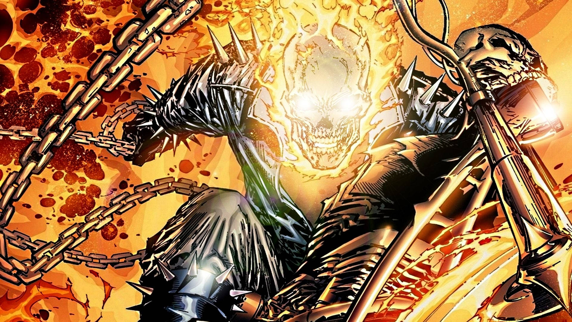 Ghost Rider 在火焰電單車上，帶著鏈條和骷髏頭。