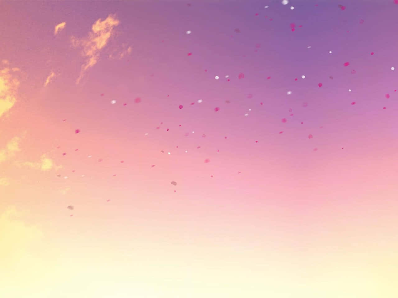 漸層天空粉彩背景 壁紙 — 柔和漸變的天空從溫暖的黃色過渡到薰衣草色，散落的粉紅色和白色斑點輕輕漂浮。