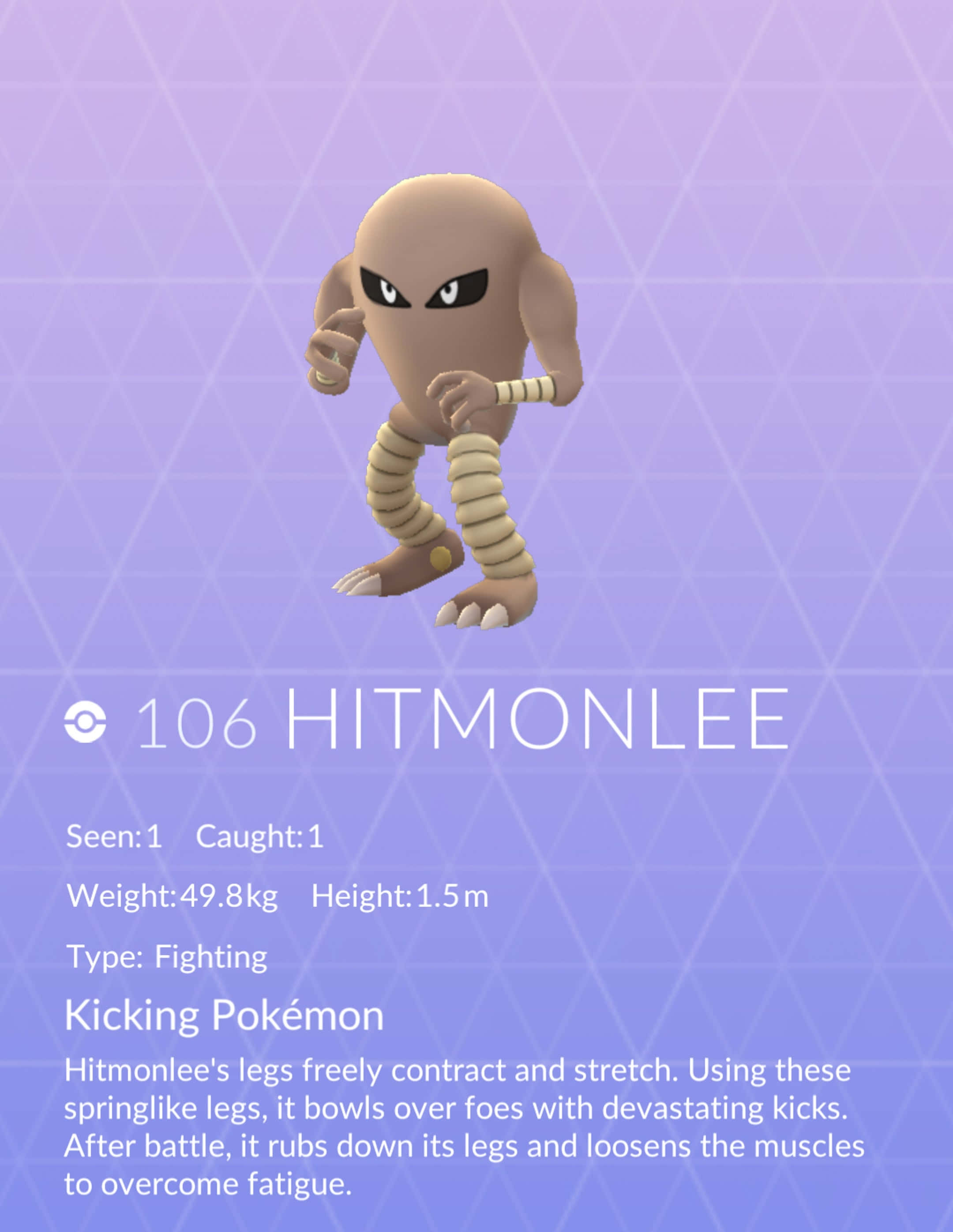 漸層紫色背景下的Hitmonlee 壁紙 — 肌肉發達的飛腿郎準備好踢腿，背景為紫色漸變和幾何三角形圖案。