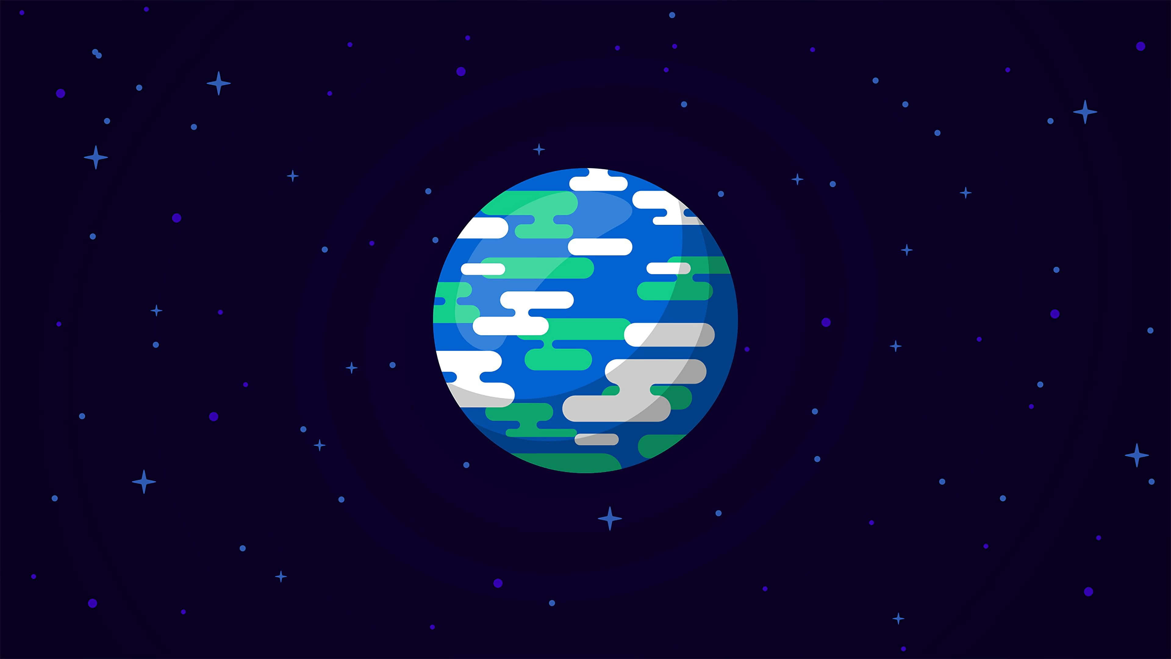 漸層陰影向量背景 壁紙 — 一顆風格化的行星，帶有綠色陸地和白色雲朵，漂浮在繁星點點的深藍色太空中。
