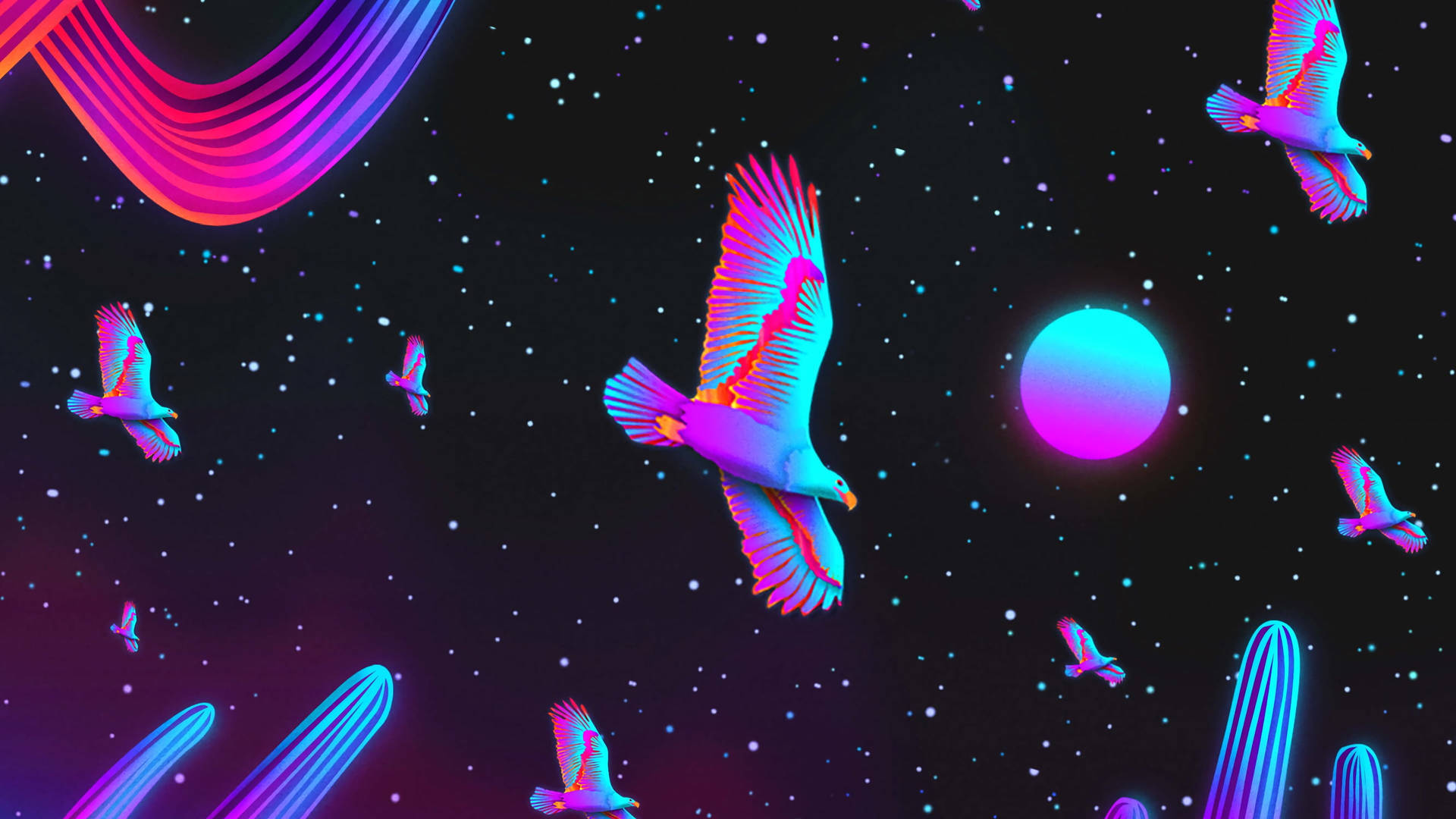 霓虹色的鳥在繁星點點的宇宙夜空中飛翔，伴隨著發光的行星。
