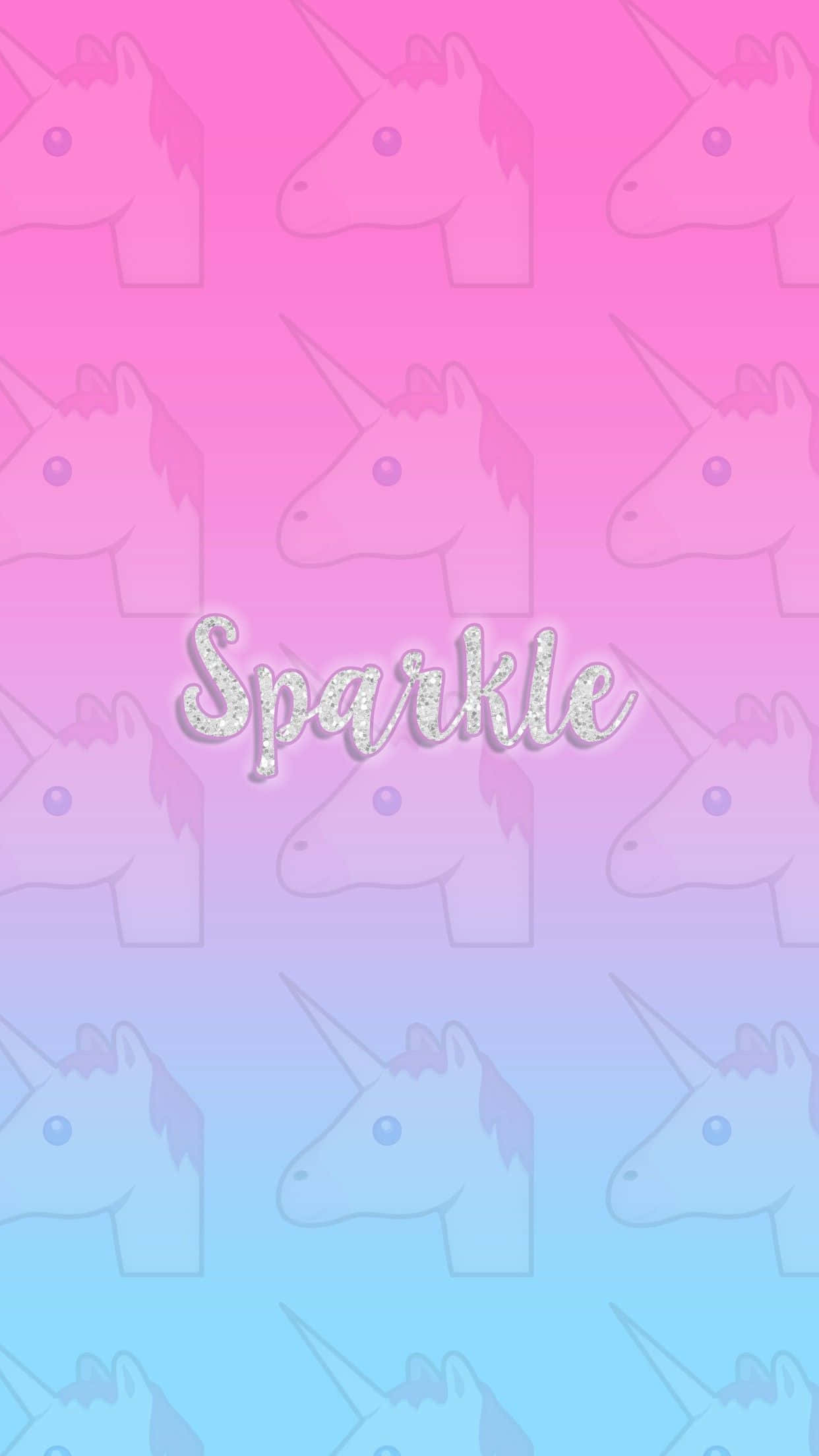 Kawaii Unicorn 桌布 壁紙 — 漸變粉紅到藍色牆紙，帶有重複的獨角獸頭剪影和閃閃發光的閃亮文字。